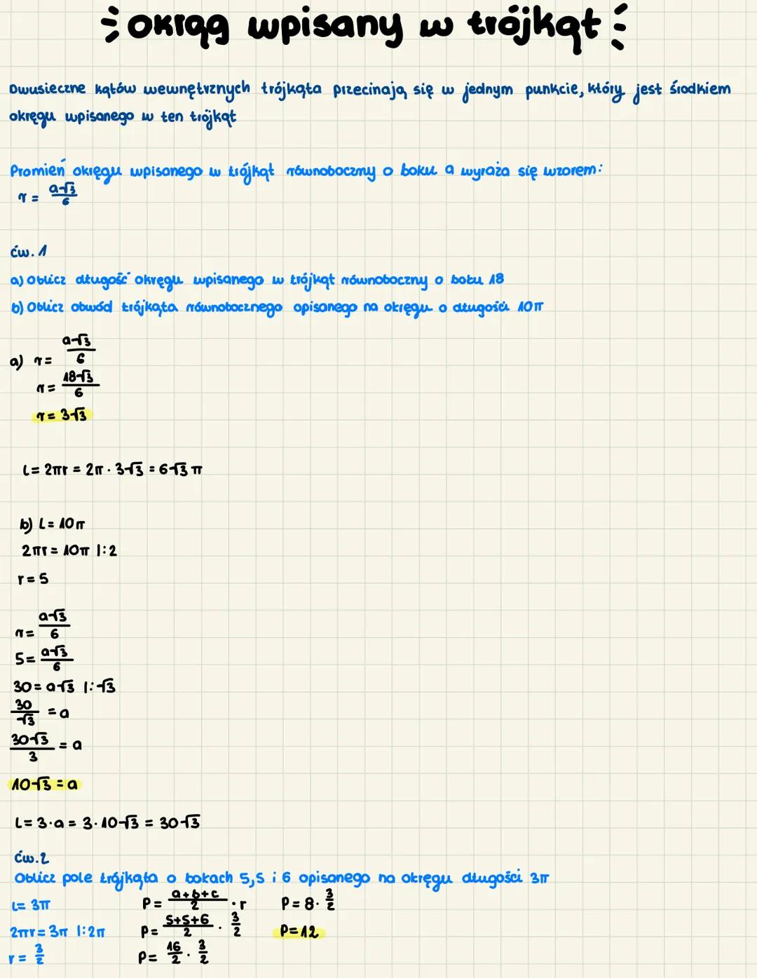 Okrąg wpisany w trójkąt
Dwusieczne kątów wewnętrznych trójkąta przecinają się w jednym punkcie, który jest środkiem
okręgu wpisanego w ten t