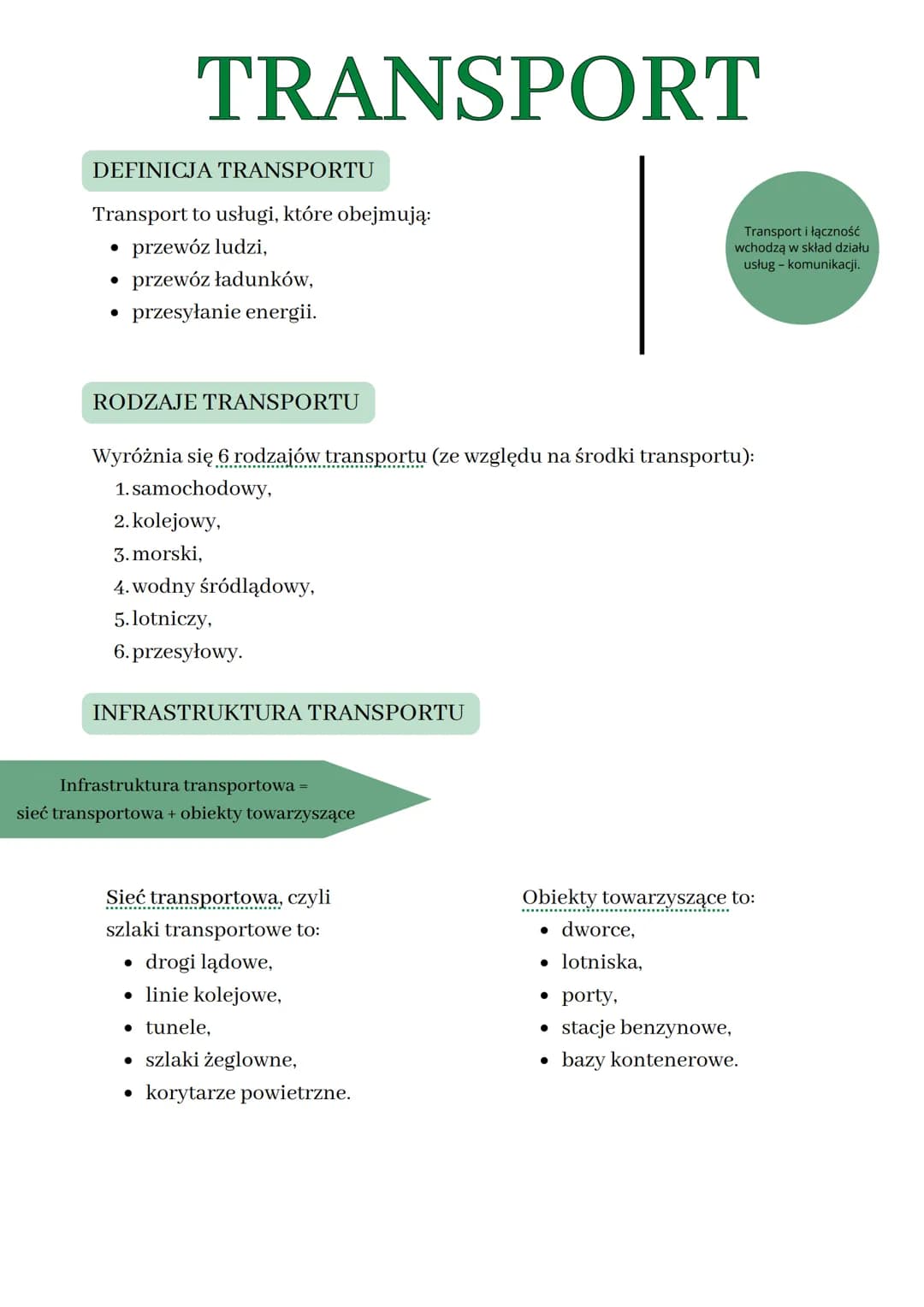 DEFINICJA TRANSPORTU
Transport to usługi, które obejmują:
● przewóz ludzi,
TRANSPORT
●
przewóz ładunków,
• przesyłanie energii.
RODZAJE TRAN