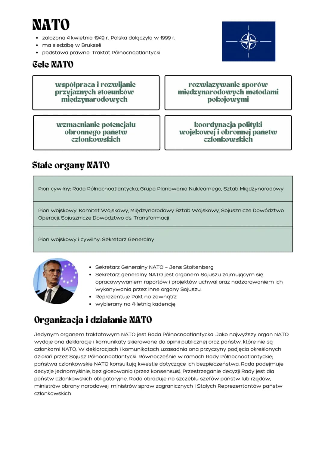 NATO
• założona 4 kwietnia 1949 r., Polska dołączyła w 1999 r.
• ma siedzibę w Brukseli
• podstawa prawna: Traktat Północnoatlantycki
Cele N