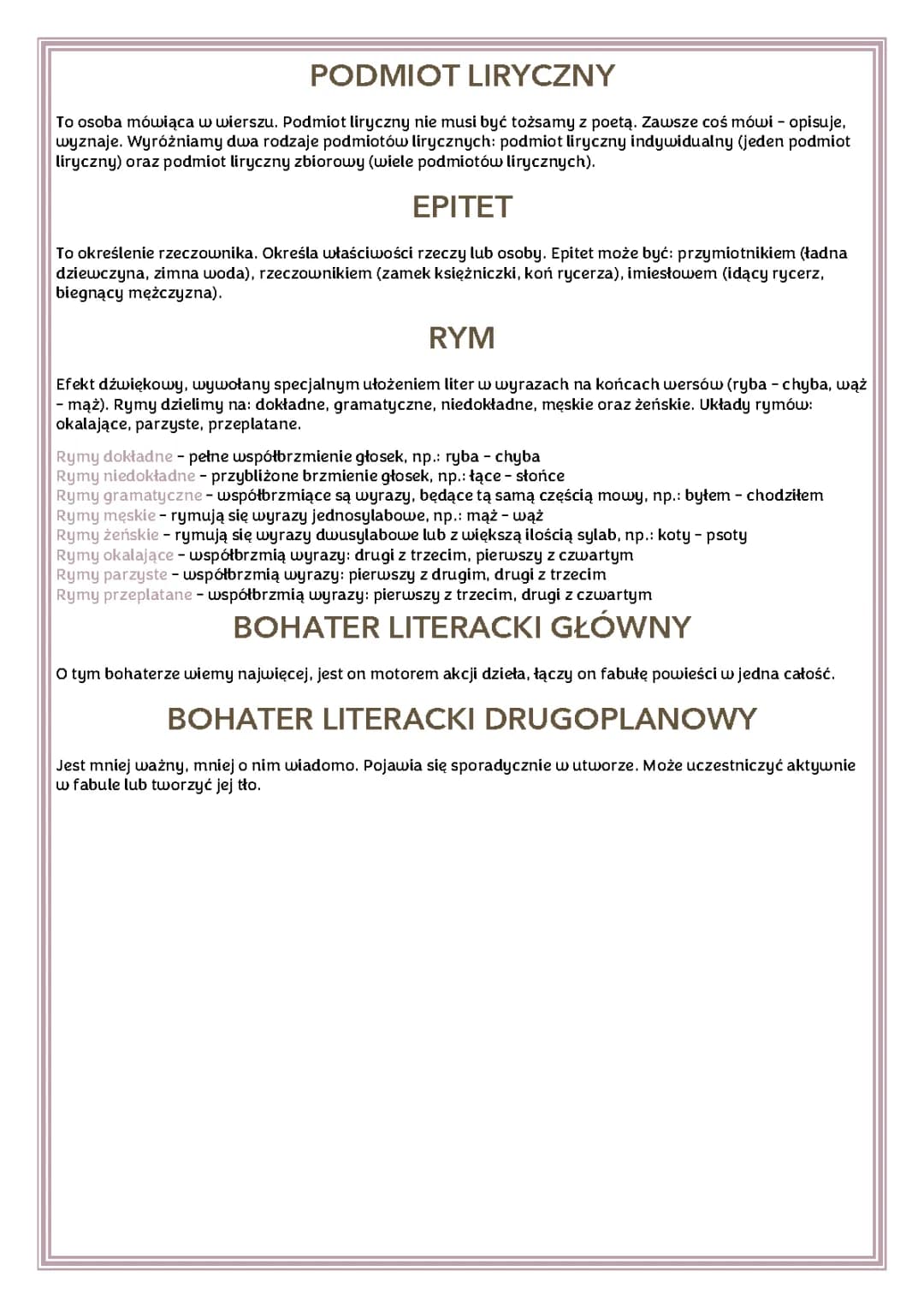 Podmiot liryczny przykłady klasa 5 i 4, Rodzaje rymów, Co to jest epitet