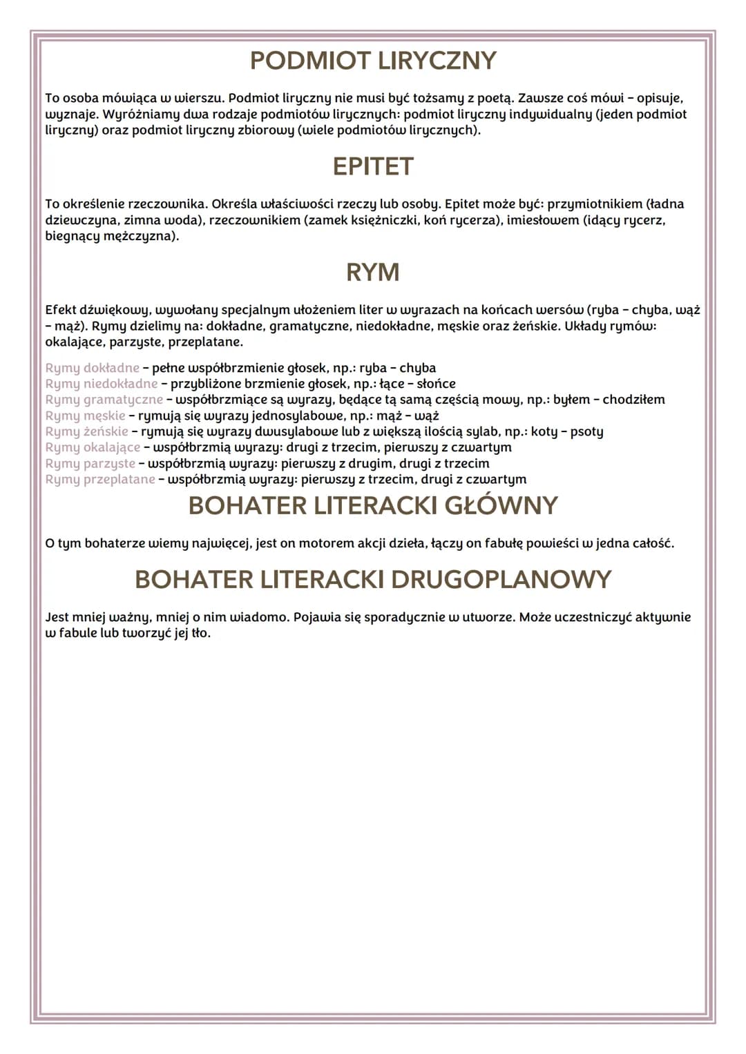 PODMIOT LIRYCZNY
To osoba mówiąca w wierszu. Podmiot liryczny nie musi być tożsamy z poetą. Zawsze coś mówi - opisuje,
wyznaje. Wyróżniamy d