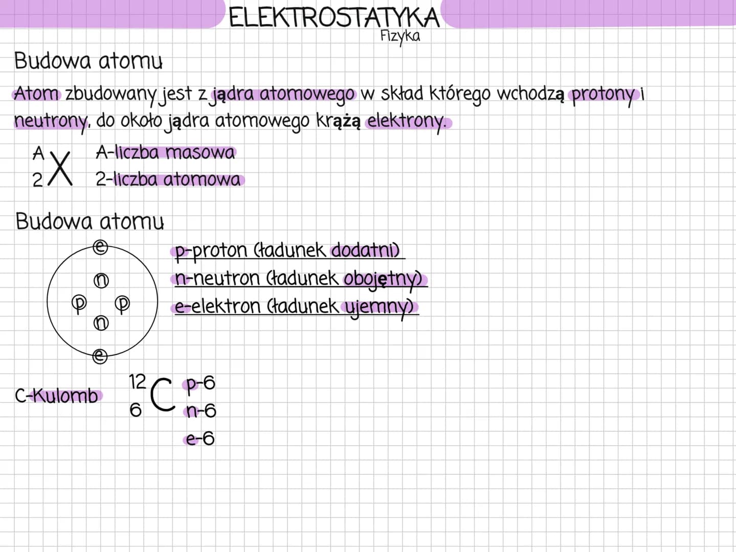 Fizyka
Budowa atomu
Atom zbudowany jest z jądra atomowego w skład którego wchodzą protony i
neutrony, do około jądra atomowego krążą elektro
