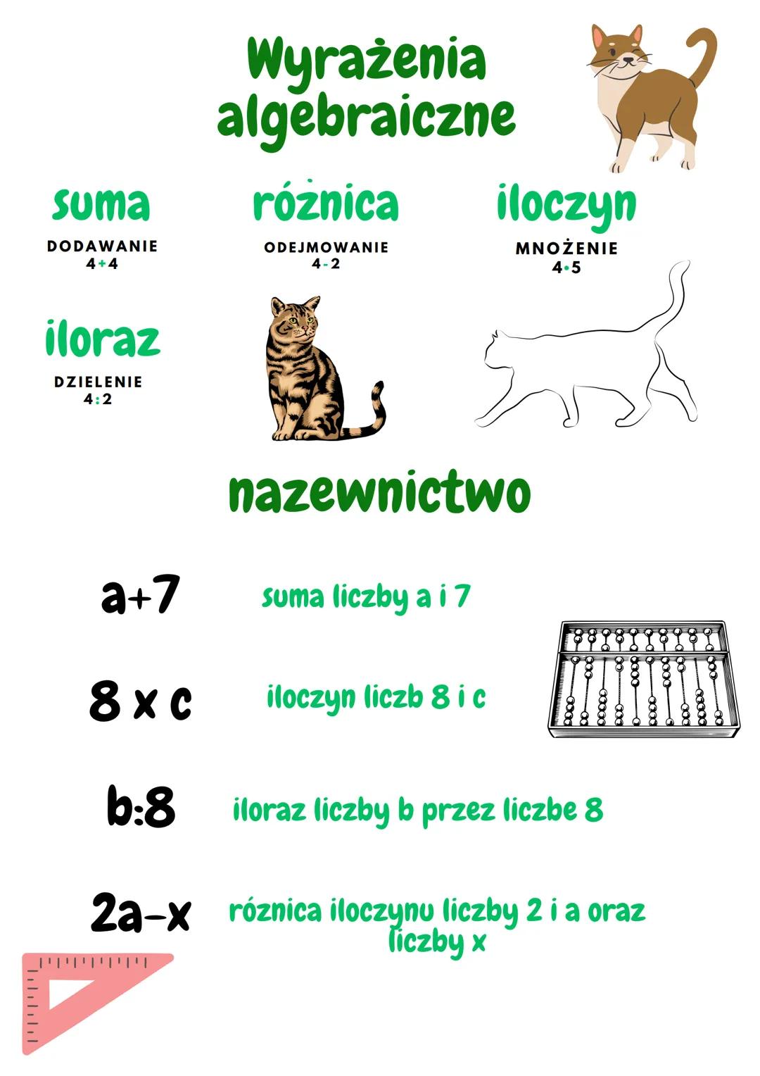 # Wyrażenia
algebraiczne
suma
różnica
iloczyn
DODAWANIE
4+4
ODEJMOWANIE
4-2
MNOŻENIE
4.5
iloraz
DZIELENIE
4:2
nazewnictwo
a+7
suma liczby a 