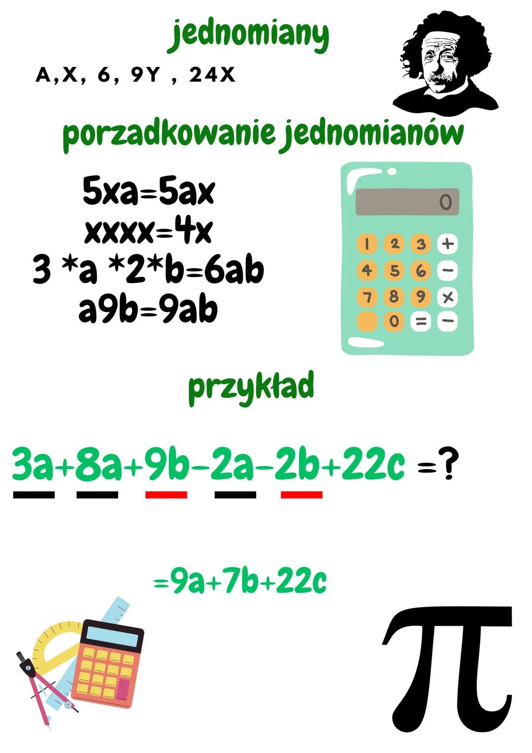 # Wyrażenia
algebraiczne
suma
różnica
iloczyn
DODAWANIE
4+4
ODEJMOWANIE
4-2
MNOŻENIE
4.5
iloraz
DZIELENIE
4:2
nazewnictwo
a+7
suma liczby a 