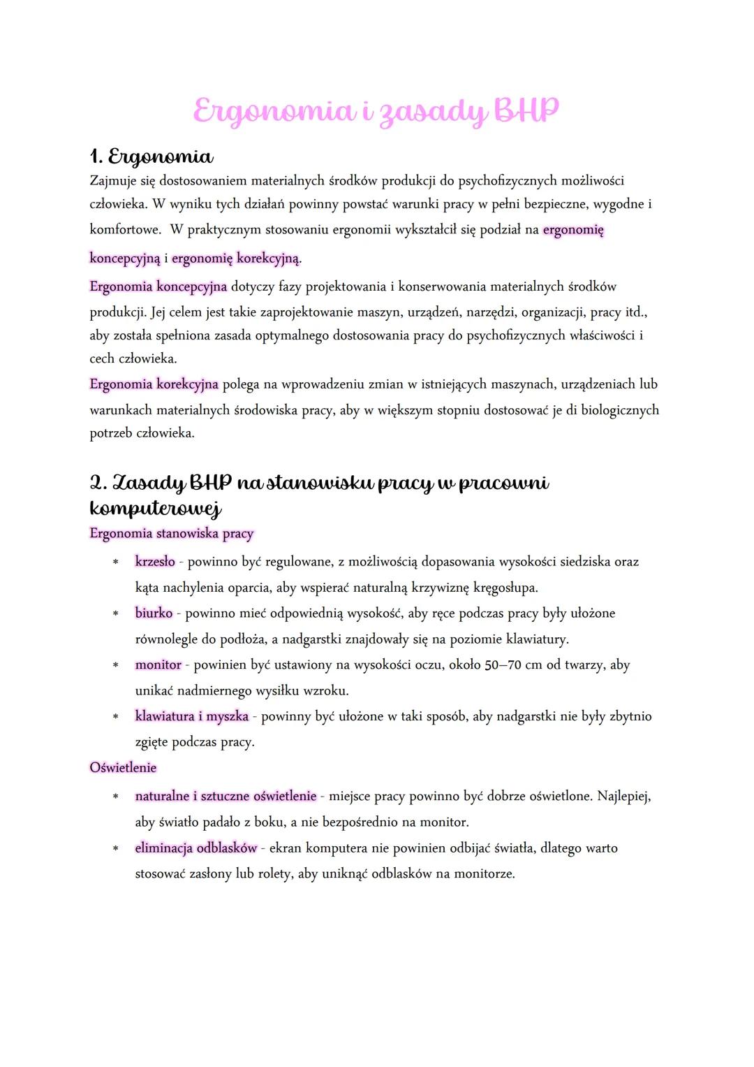 # Ergonomia i zasady BHP

1. Ergonomia

Zajmuje się dostosowaniem materialnych środków produkcji do psychofizycznych możliwości
człowieka. W