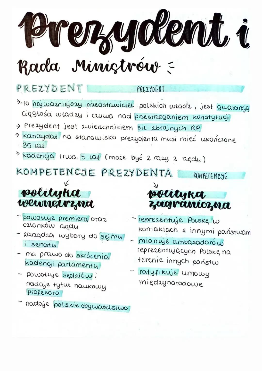 Władza wykonawcza i ustawodawcza w Polsce - Prezydent i Rada Ministrów WOS