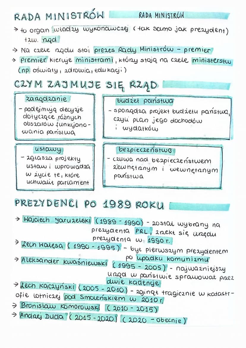 Prezydent i
Rada Ministrów =
PREZYDENT
PREZYDENT
→ to najważniejszy przedstawiciel poiskich władz, jest gwarancją
ciągłości władzy i czuwa n