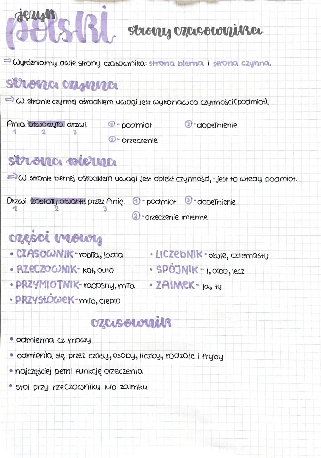 jezyk
Wyróżniamy dwie strony czasownika: strona bierna i strona czynna.
strona czsnna
=> W stronie czynnej ośrodkiem uwagi jest wykonawca cz