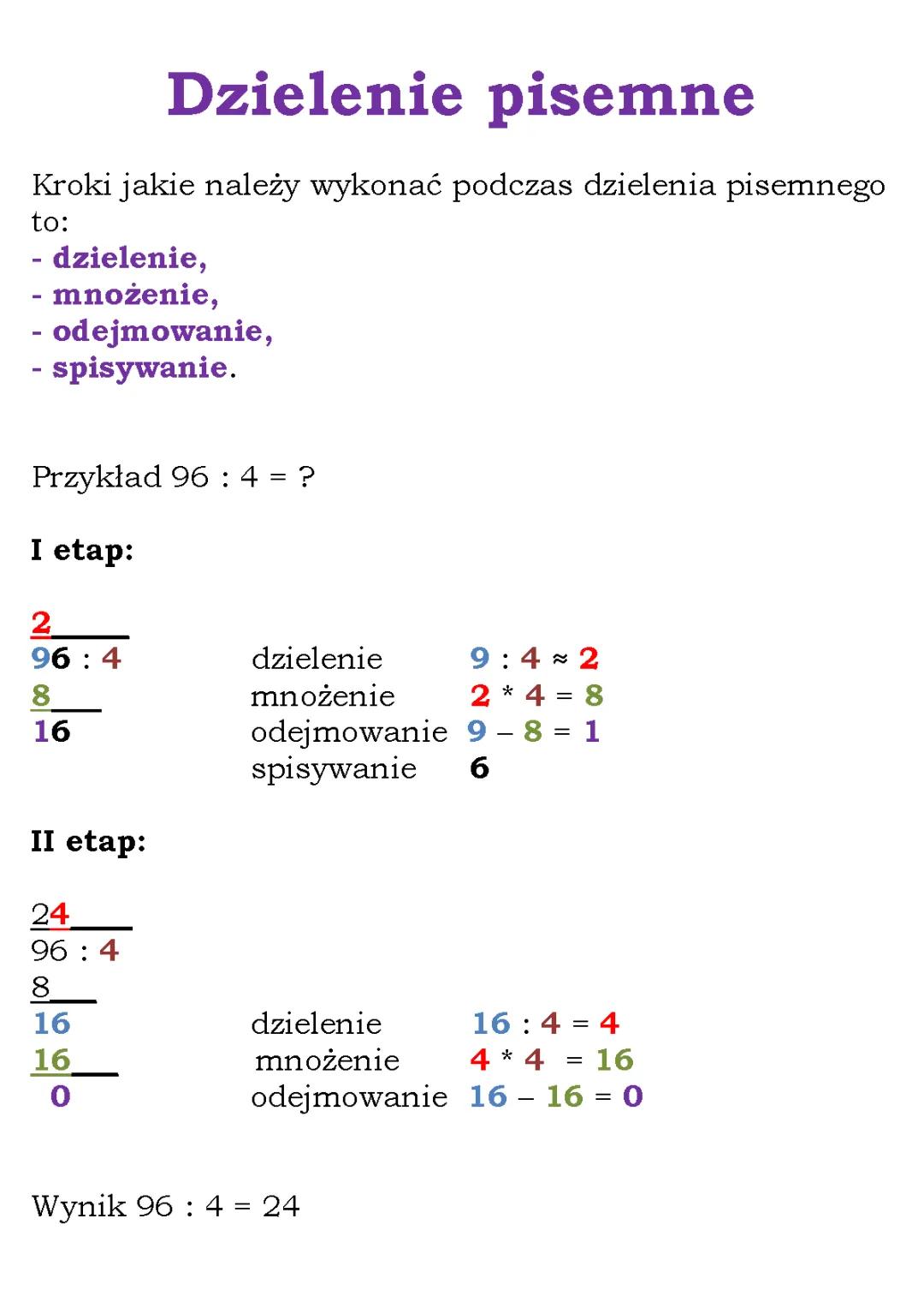 Dzielenie pisemne - klasa 3, 4 i 5: przykłady i zadania do druku (PDF)