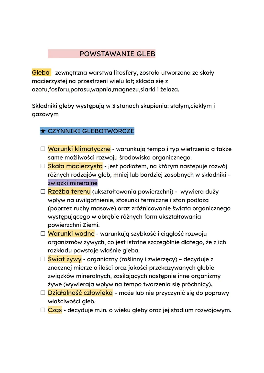 POWSTAWANIE GLEB
Gleba - zewnętrzna warstwa litosfery, została utworzona ze skały
macierzystej na przestrzeni wielu lat; składa się z
azotu,