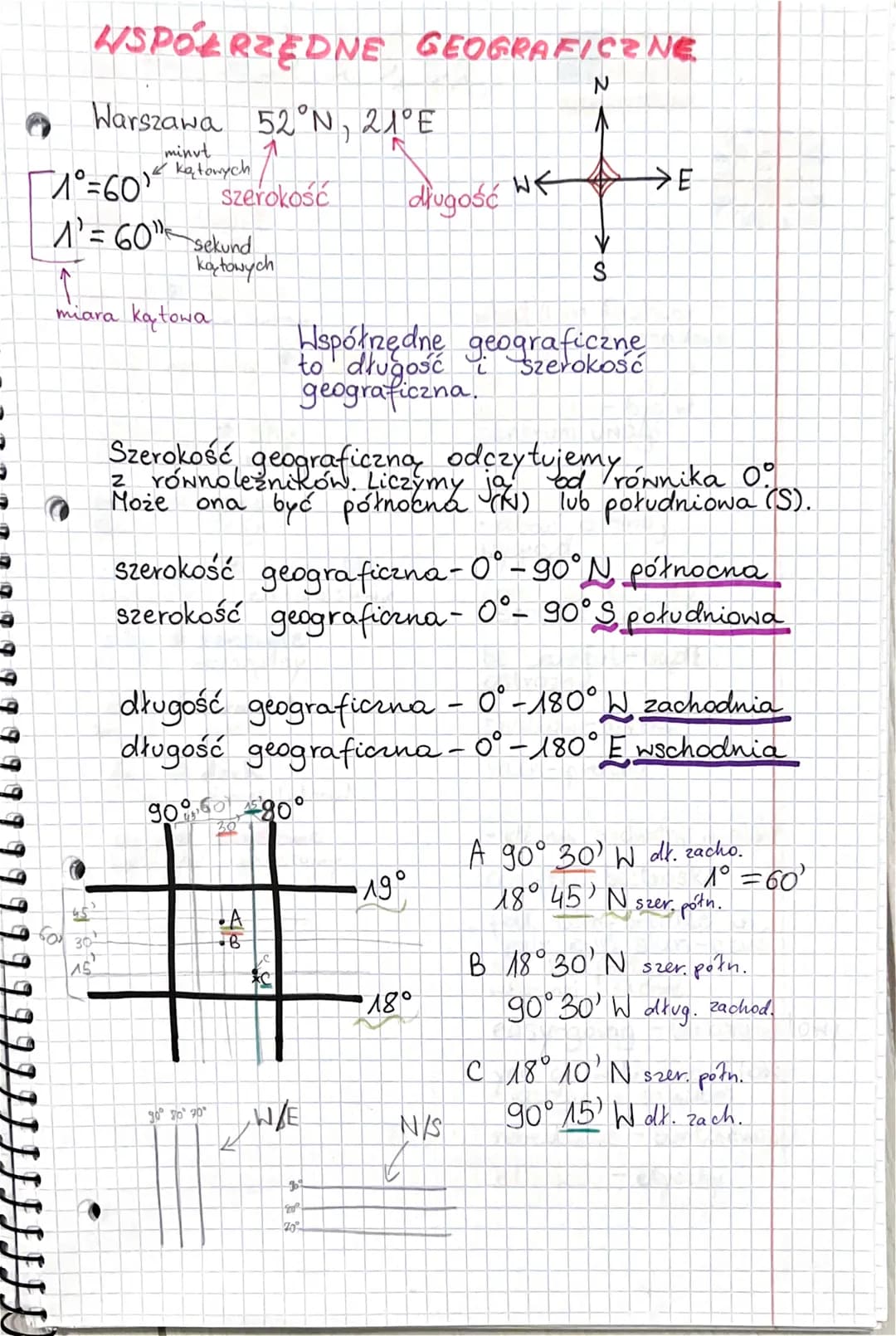 WSPOŁRZEDNE GEOGRAFICZNE
N
Warszawa 52°N, 21°E
N
minut
1° = 601 ² kątowych
1' = 60 sekund
koytowych
↑
miara kątowa
45
30
1.
szerokość
AS
Sze
