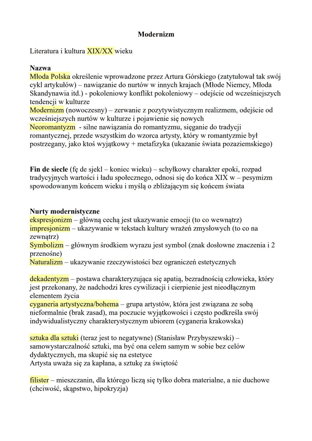 Literatura i kultura XIX/XX wieku
Modernizm
Nazwa
Młoda Polska określenie wprowadzone przez Artura Górskiego (zatytułował tak swój
cykl arty