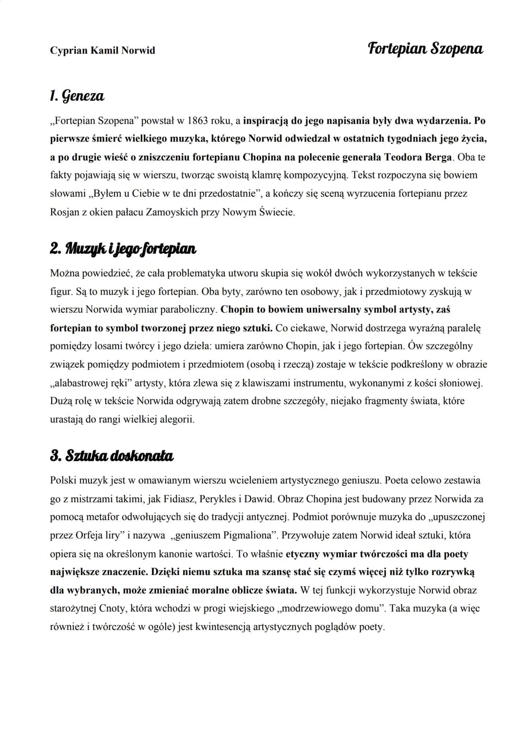 Cyprian Kamil Norwid
Fortepian Szopena
1. Geneza
,,Fortepian Szopena" powstał w 1863 roku, a inspiracją do jego napisania były dwa wydarzeni