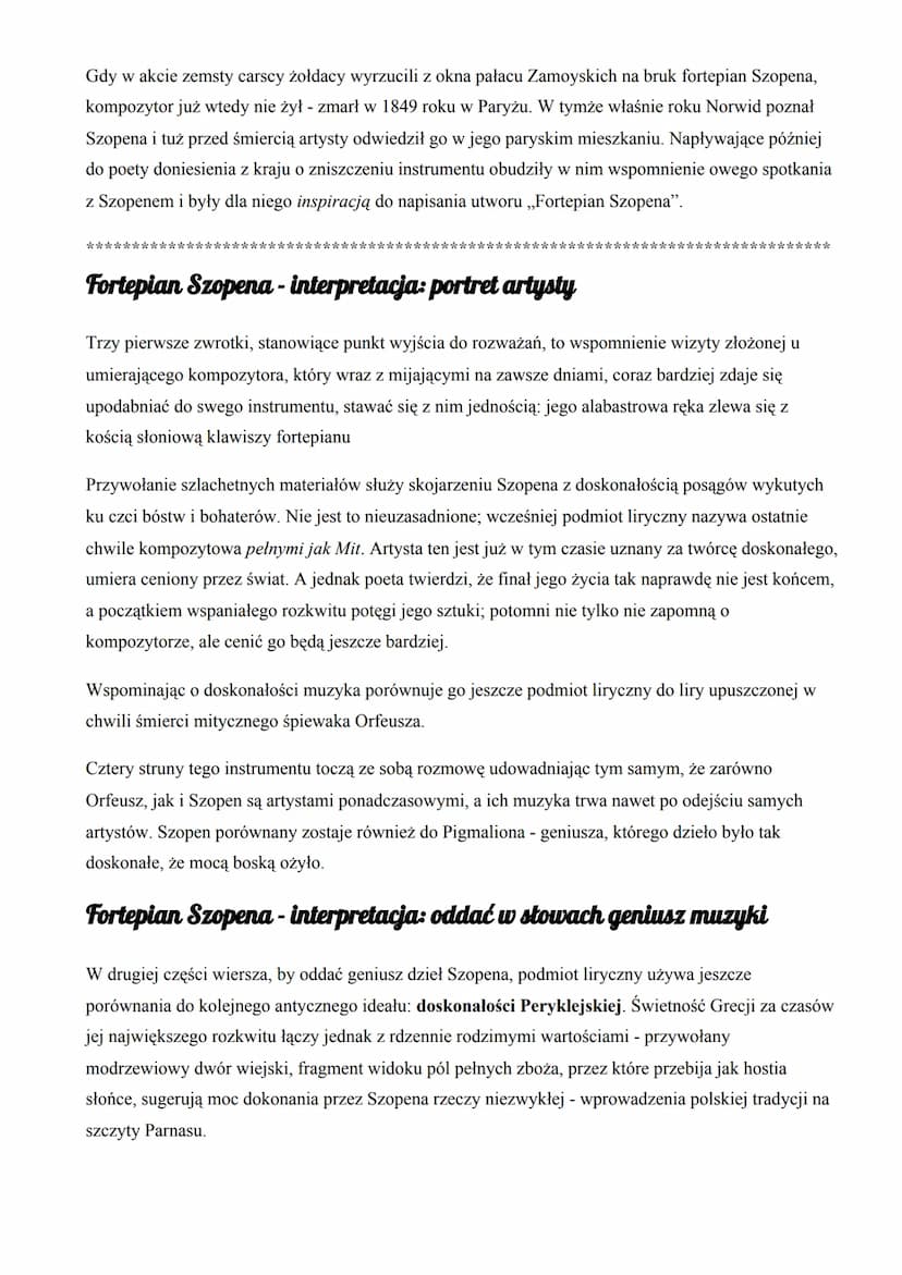 Cyprian Kamil Norwid
Fortepian Szopena
1. Geneza
,,Fortepian Szopena" powstał w 1863 roku, a inspiracją do jego napisania były dwa wydarzeni