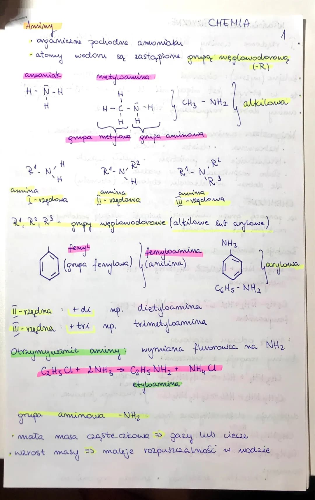 Aminy
organiczne pochodne amoniaku
atomy wodoru są zastąpione grupą węglowodorową
(-R)
amoniak
H-N-H
1
R₁. N'
1
amina
H
H
I-vzędowa
R₁, R², 