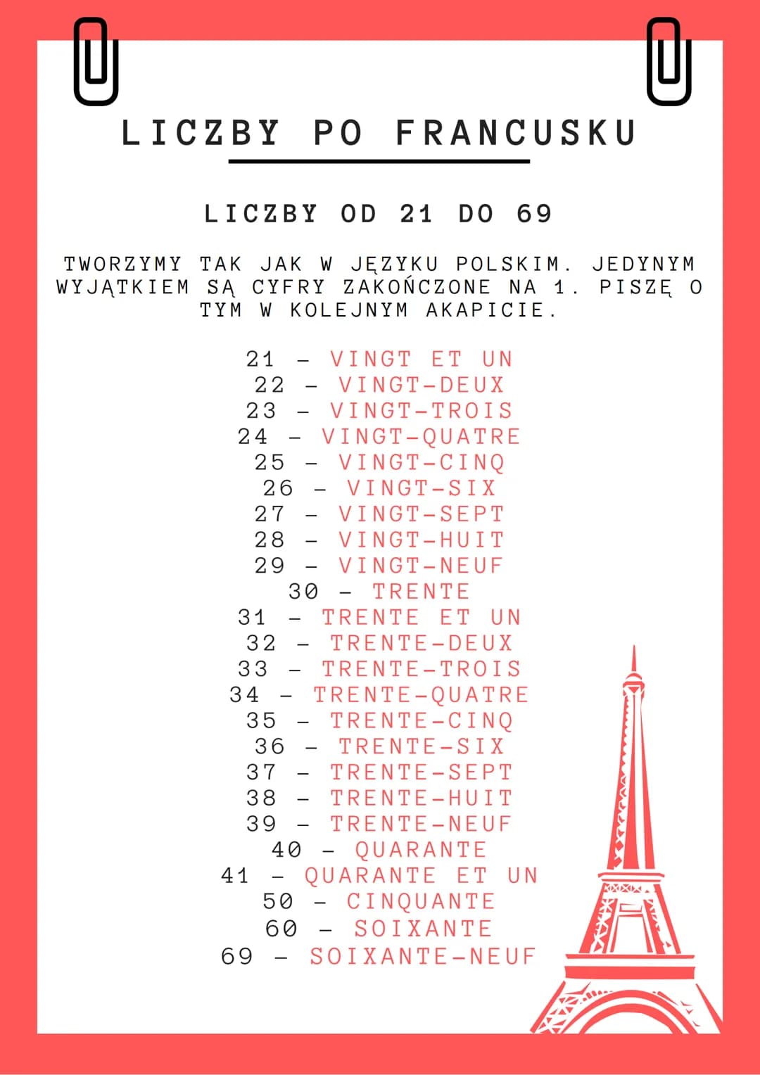 LICZBY PO FRANCUSKU
CYFRY OD 0 DO 20
4
2
3
5
14
7
8
9
10
12
13
6
11
1
17
18]
19
-
QUATORZE
15
QUINZE
16 - SEIZE
ZWRÓĆ UWAGĘ NA CYFRY: 17, 18
