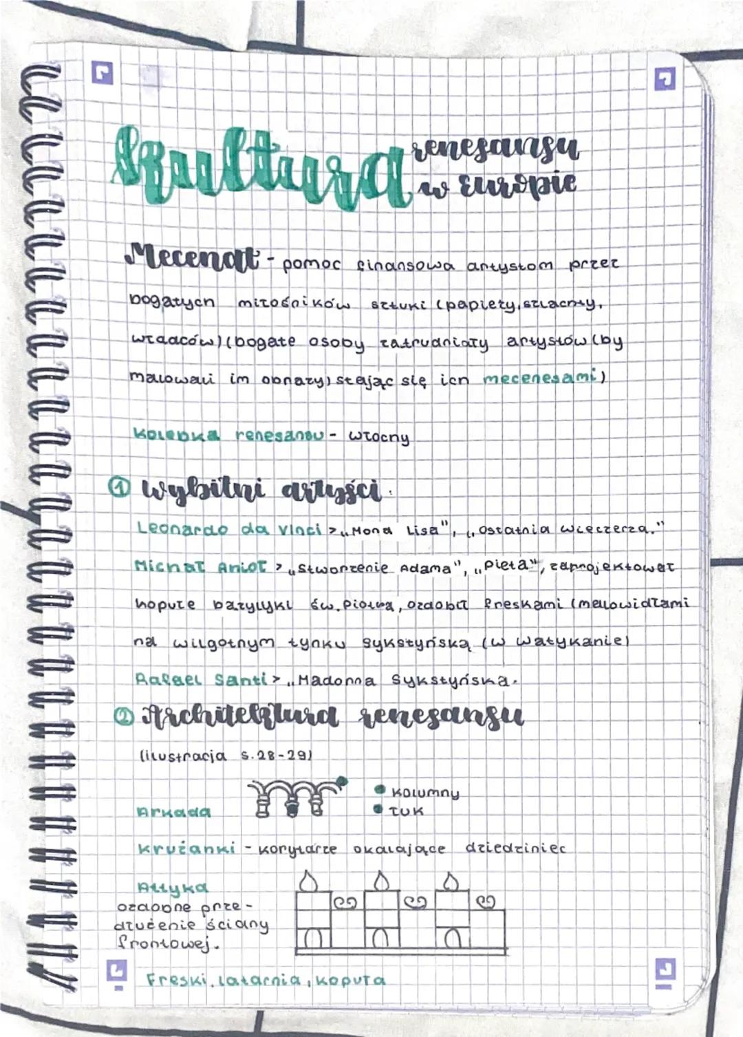 2
Bultura
renesansu
w Europie
Mecenat - pomoc finansowa artystom przez
bogatych miłośników. Sztuki (papiery, szlachty,
władców) (bogate osob