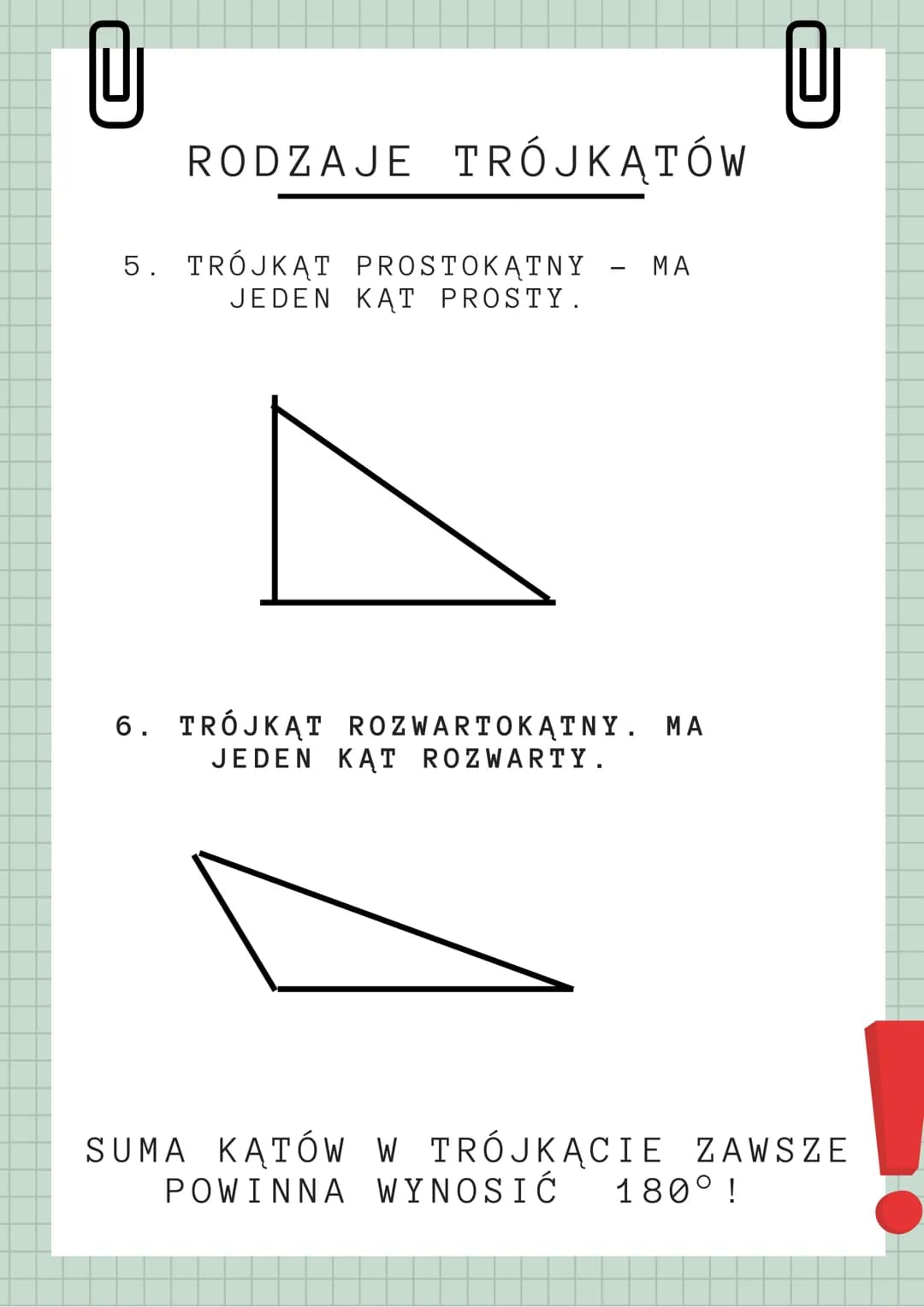 U
RODZAJE TRÓJKĄTÓW
TRÓJKĄT TO WIELOKĄT O TRZECH
BOKACH, WIERZCHOŁKACH I
KĄTACH WEWNĘTRZNYCH.
1. TRÓJKĄT RÓWNOBOCZNY. JEGO
WSZYSTKIE BOKI SĄ