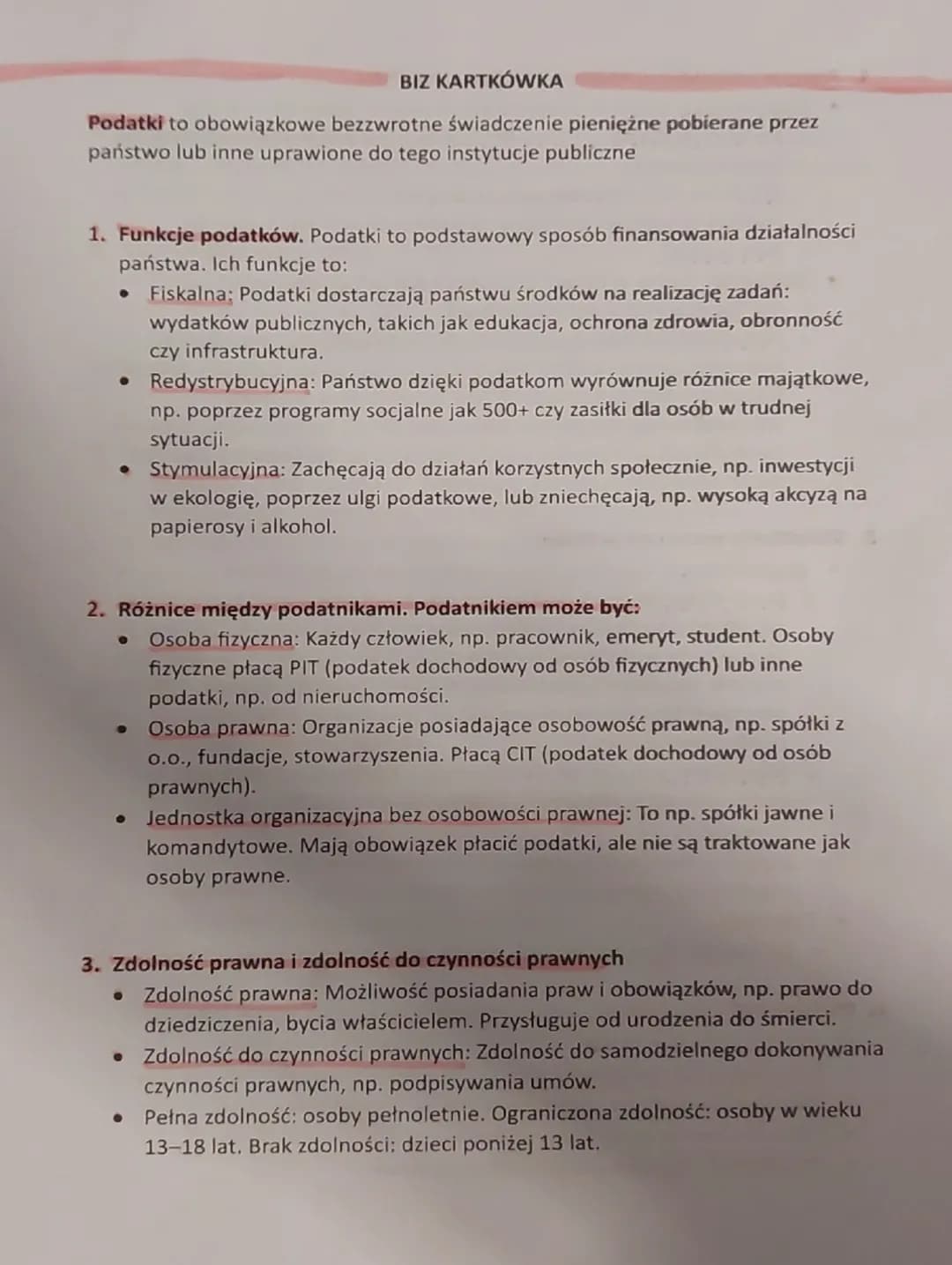 BIZ KARTKÓWKA
Podatki to obowiązkowe bezzwrotne świadczenie pieniężne pobierane przez
państwo lub inne uprawione do tego instytucje publiczn