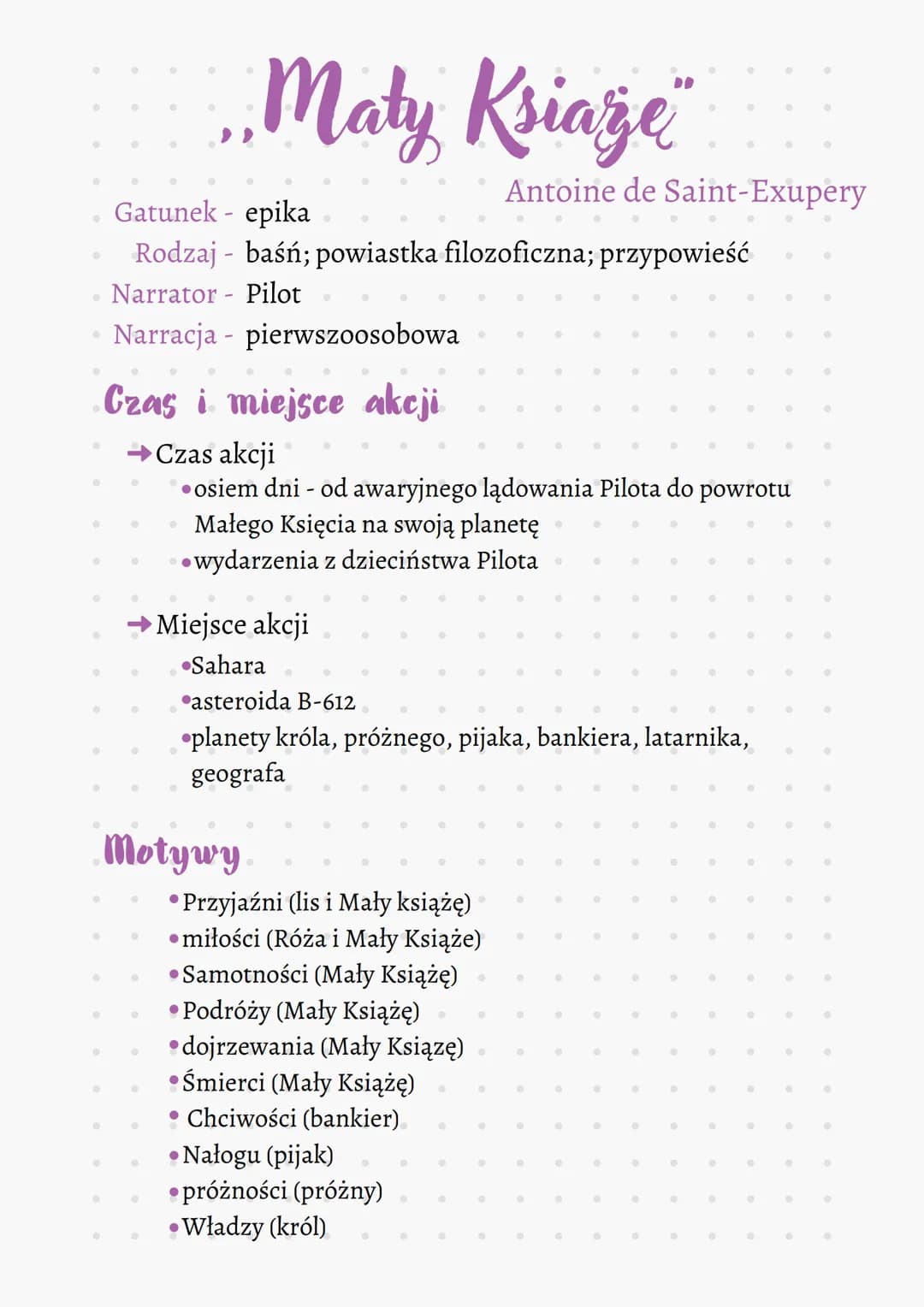 ●
.
•
.
●
Gatunek - epika
Rodzaj baśń; powiastka filozoficzna; przypowieść
Narrator Pilot
Narracja pierwszoosobowa
..
Czas i miejsce akcji
C