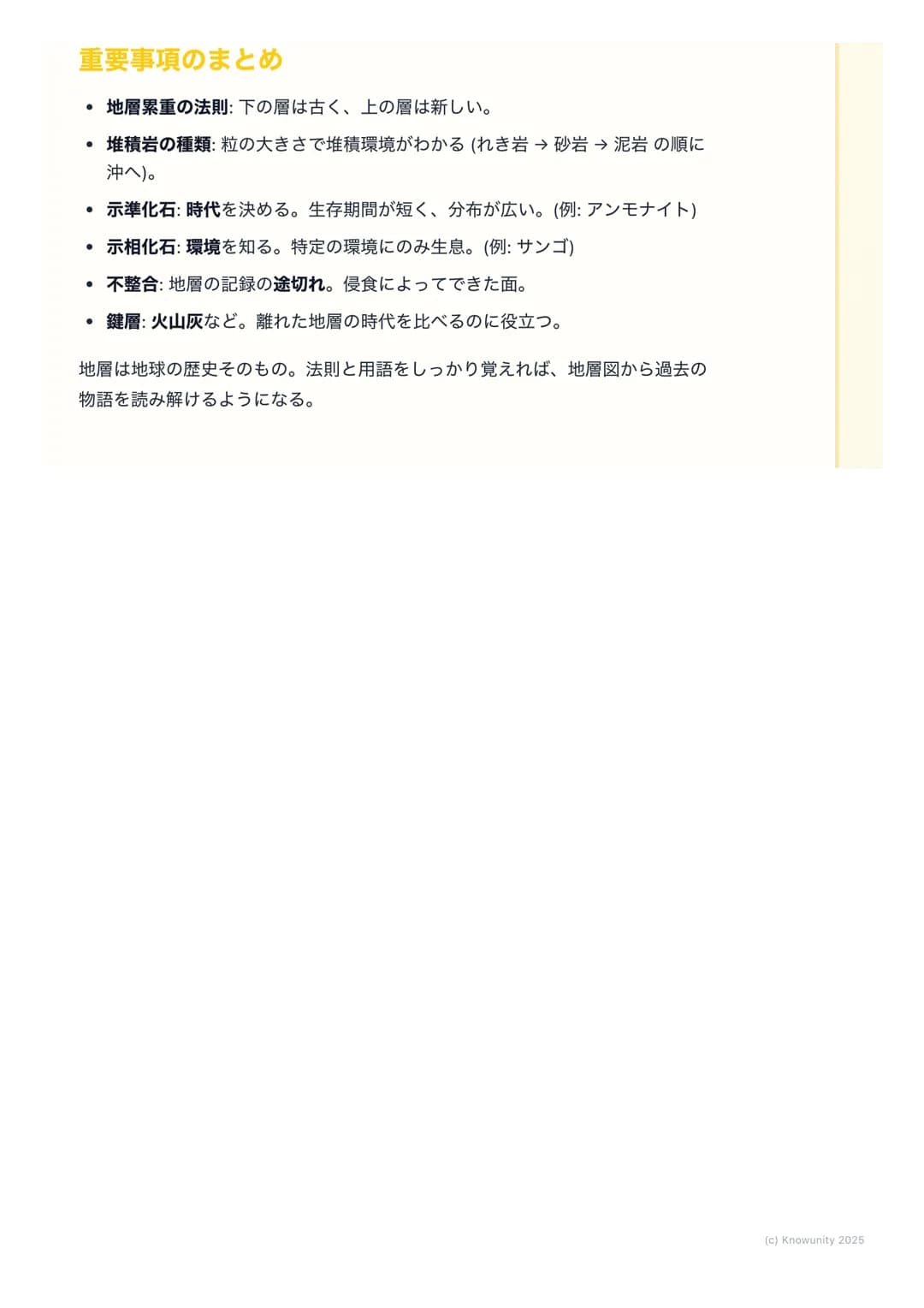 # 地層と化石

地層と化石の基本

地層は、大地の歴史が記録された「本」のようなもの。地層の重なり方や含まれ
る化石を調べることで、過去の地球で何が起こったのか、どんな生物がいたのか
を知ることができる。テストでもよく出る分野だから、しっかり理解しておく必
要がある。

重要な