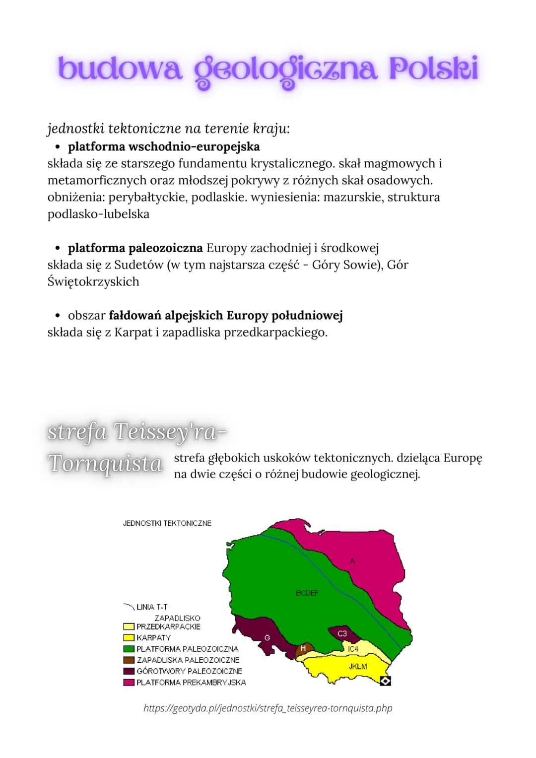 budowa geologiczna Polski
jednostki tektoniczne na terenie kraju:
platforma wschodnio-europejska
składa się ze starszego fundamentu krystali