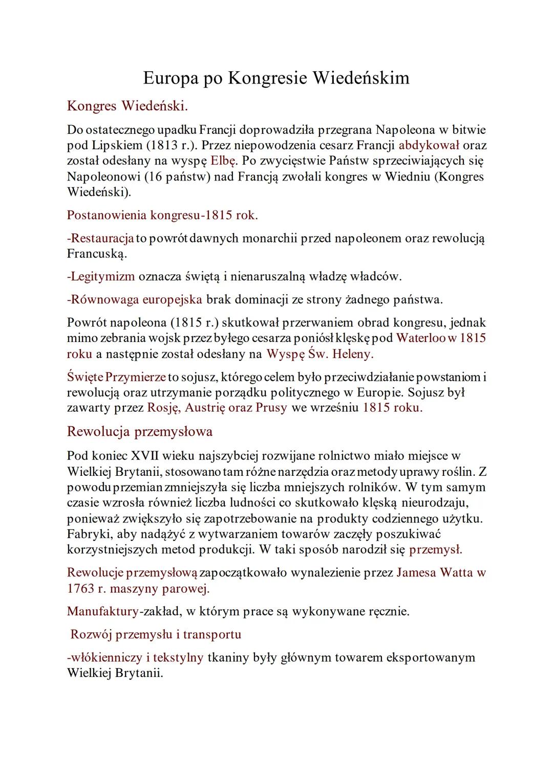 Europa po Kongresie Wiedeńskim
Kongres Wiedeński.
Do ostatecznego upadku Francji doprowadziła przegrana Napoleona w bitwie
pod Lipskiem (181