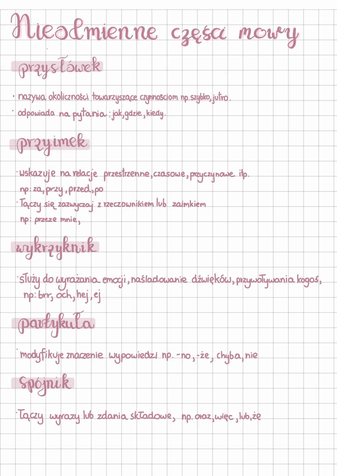 # Nieodmienne częśa mowy

przysłówek

*   nazywa okoliczności towarzyszące czynnościom np. szybko, jutro.
*   odpowiada na pytania jak, gdzi