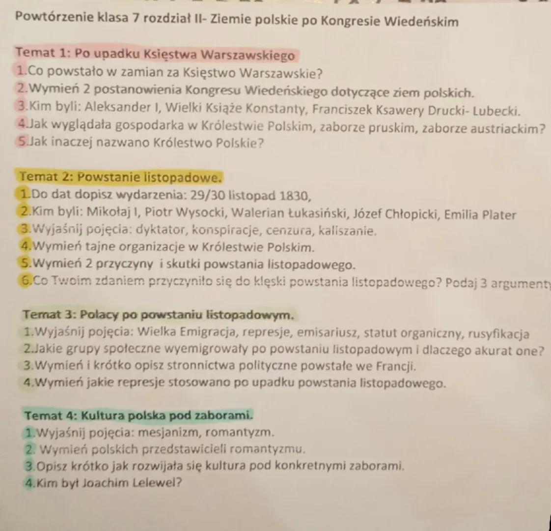 Powtórzenie klasa 7 rozdział II- Ziemie polskie po Kongresie Wiedeńskim
Temat 1: Po upadku Księstwa Warszawskiego
1.Co powstało w zamian za 