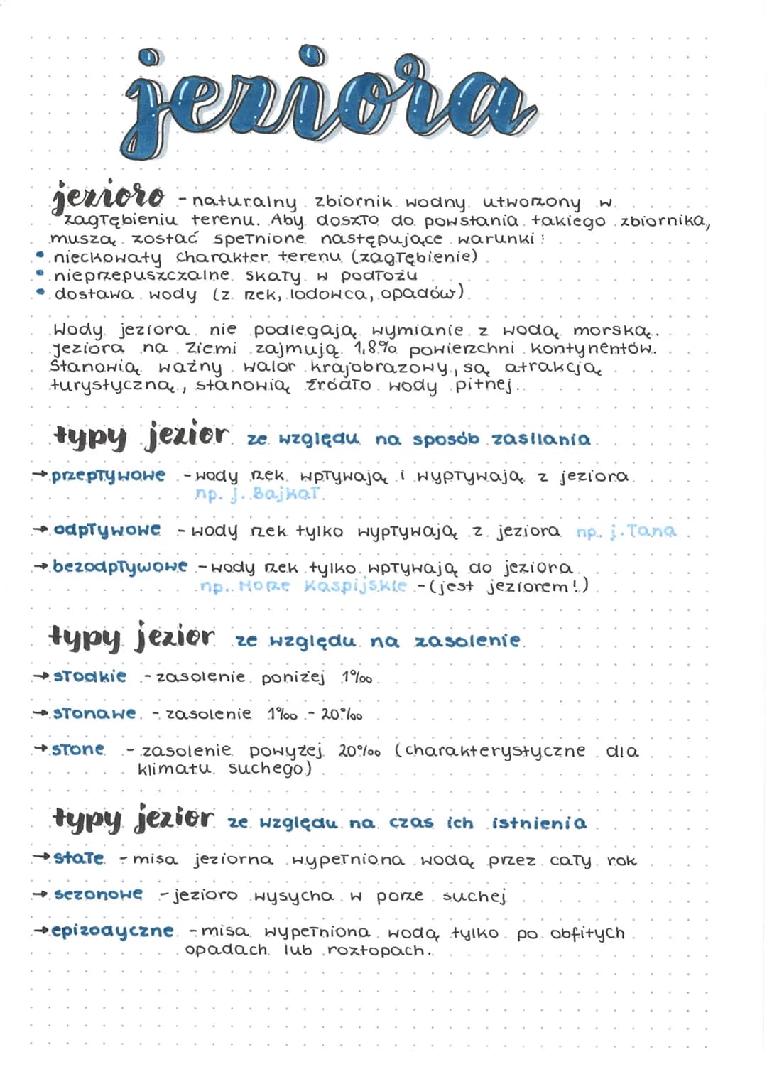 jeziora
jezioro naturalny zbiornik wodny. utworzony w.
zagłębieniu terenu. Aby doszło do powstania takiego zbiornika,
muszą zostać speTnione