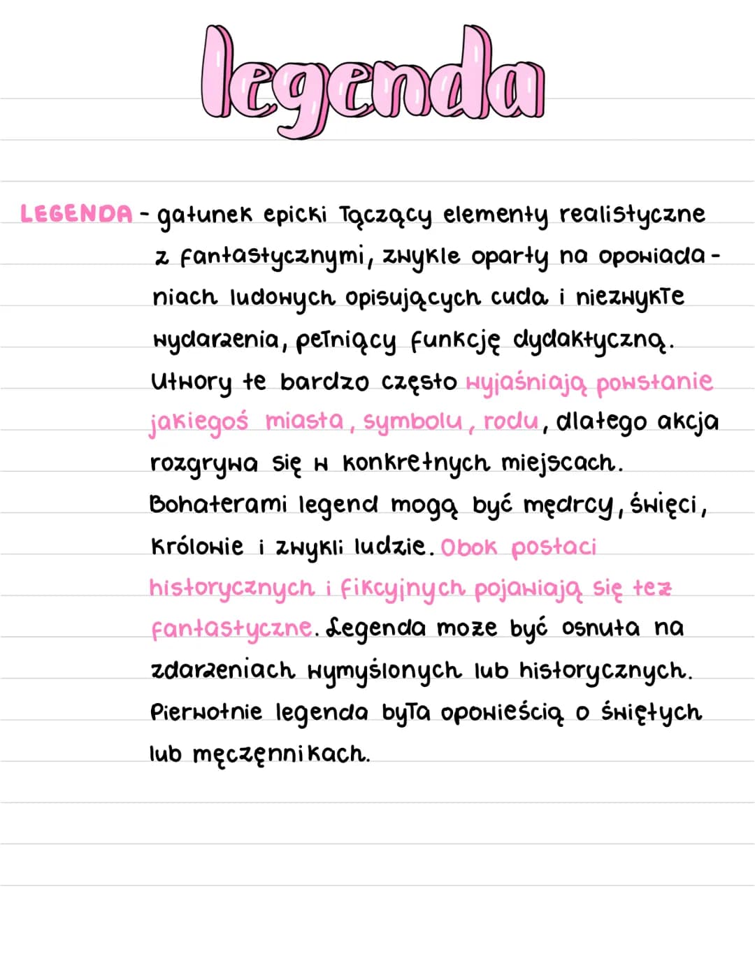 legenda
gatunek epicki Tączący elementy realistyczne
z fantastycznymi, zwykle oparty na opowiada -
niach ludowych opisujących cuda i niezwyk