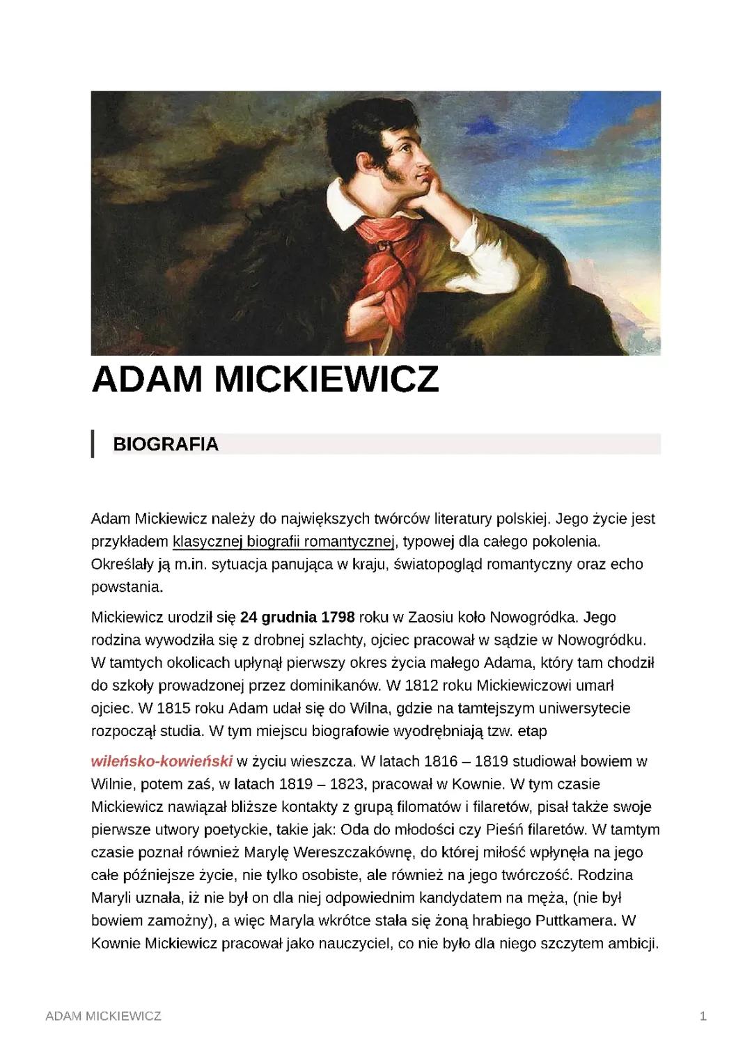 Adam Mickiewicz - Najważniejsze Informacje i Twórczość