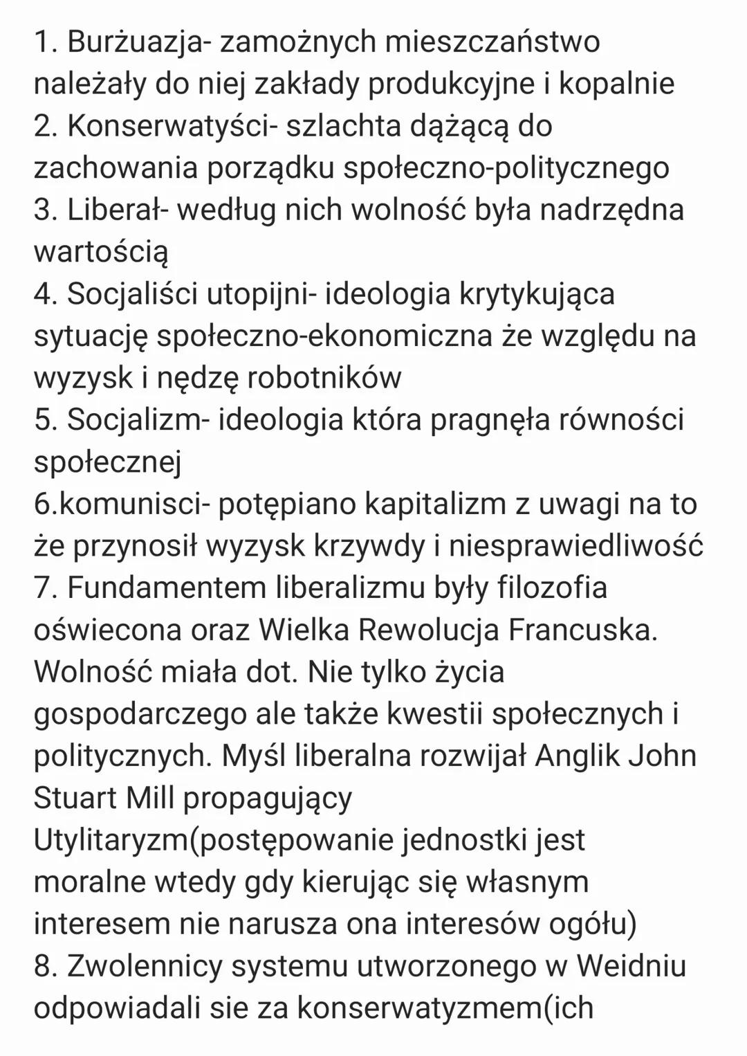 1. Burżuazja- zamożnych mieszczaństwo
należały do niej zakłady produkcyjne i kopalnie
2. Konserwatyści- szlachta dążącą do
zachowania porząd