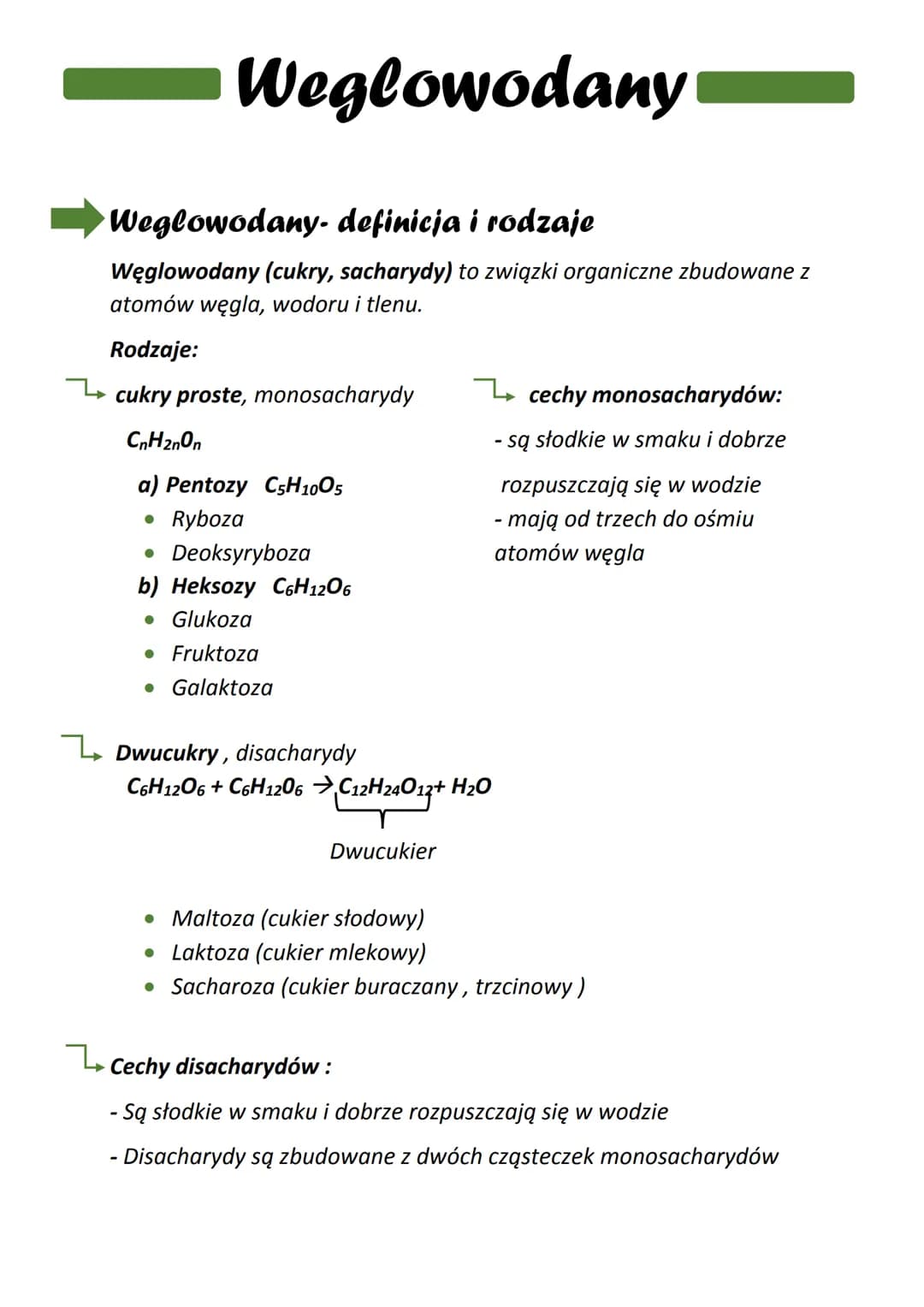 Weglowodany- definicja i rodzaje
Węglowodany (cukry, sacharydy) to związki organiczne zbudowane z
atomów węgla, wodoru i tlenu.
Weglowodany
