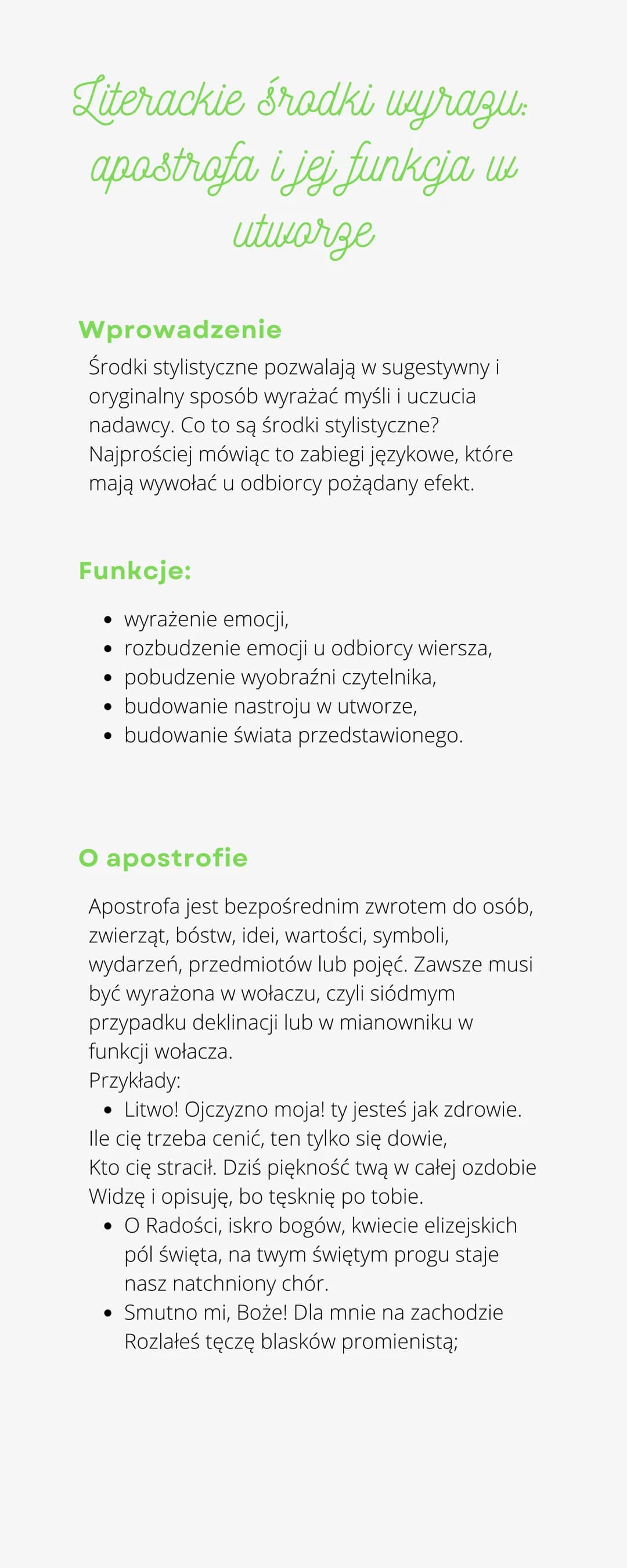 Literackie środki wyrazu:
apostrofa i jej funkcja w
utworze
Wprowadzenie
Środki stylistyczne pozwalają w sugestywny i
oryginalny sposób wyra