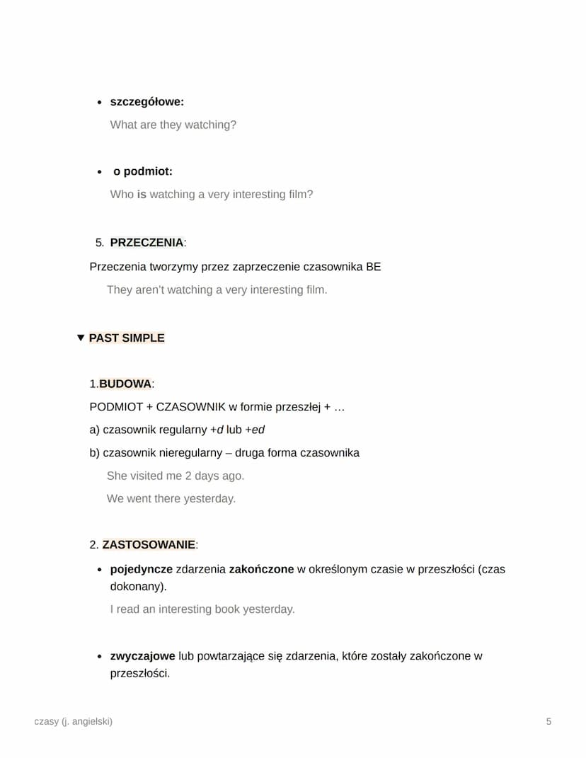 czasy (j. angielski)
▾ PRESENT SIMPLE
1. BUDOWA:
Do 3 os. l.poj do czasownika dodajemy końcówkę -s lub -es (-s, -ss, -sh, -ch, -x, -0,
-Z).
