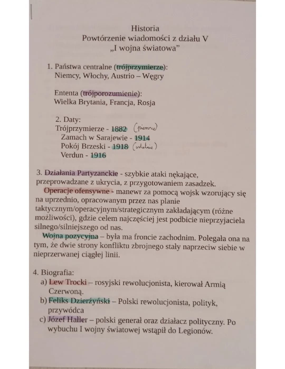 Powtórzenie wiadomości z historii z działu V "I wojna światowa" 