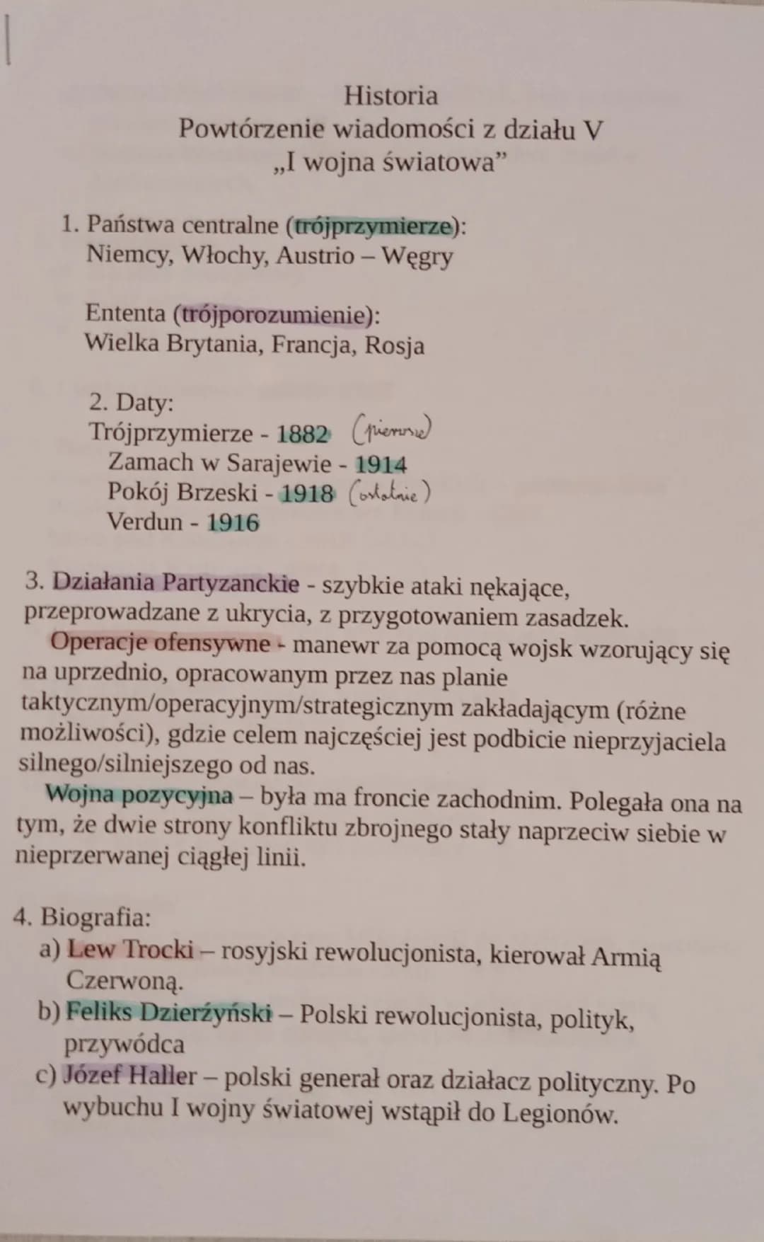Historia
Powtórzenie wiadomości z działu V
,,I wojna światowa"
1. Państwa centralne (trójprzymierze):
Niemcy, Włochy, Austrio - Węgry
Entent
