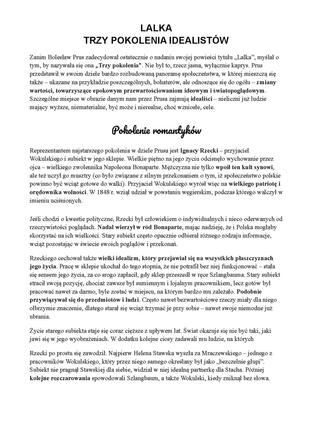 Trzy pokolenia idealistów w Lalce - Prezentacja i Omówienie