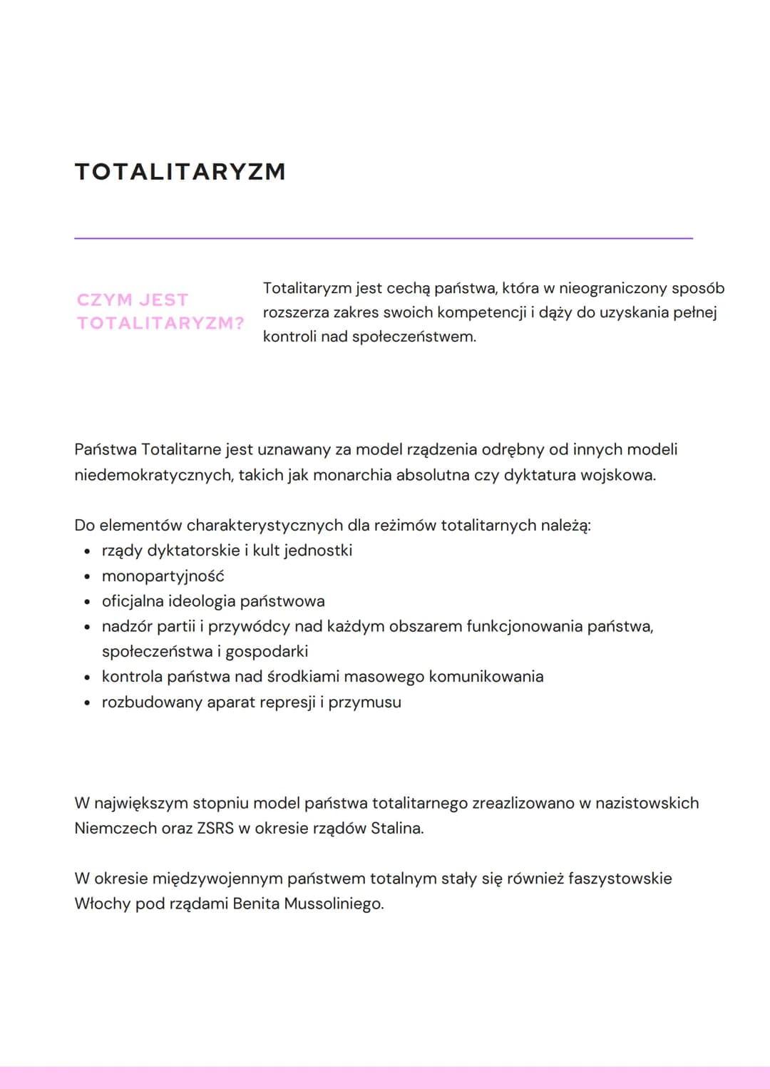 TOTALITARYZM
CZYM JEST
TOTALITARYZM?
Totalitaryzm jest cechą państwa, która w nieograniczony sposób
rozszerza zakres swoich kompetencji i dą