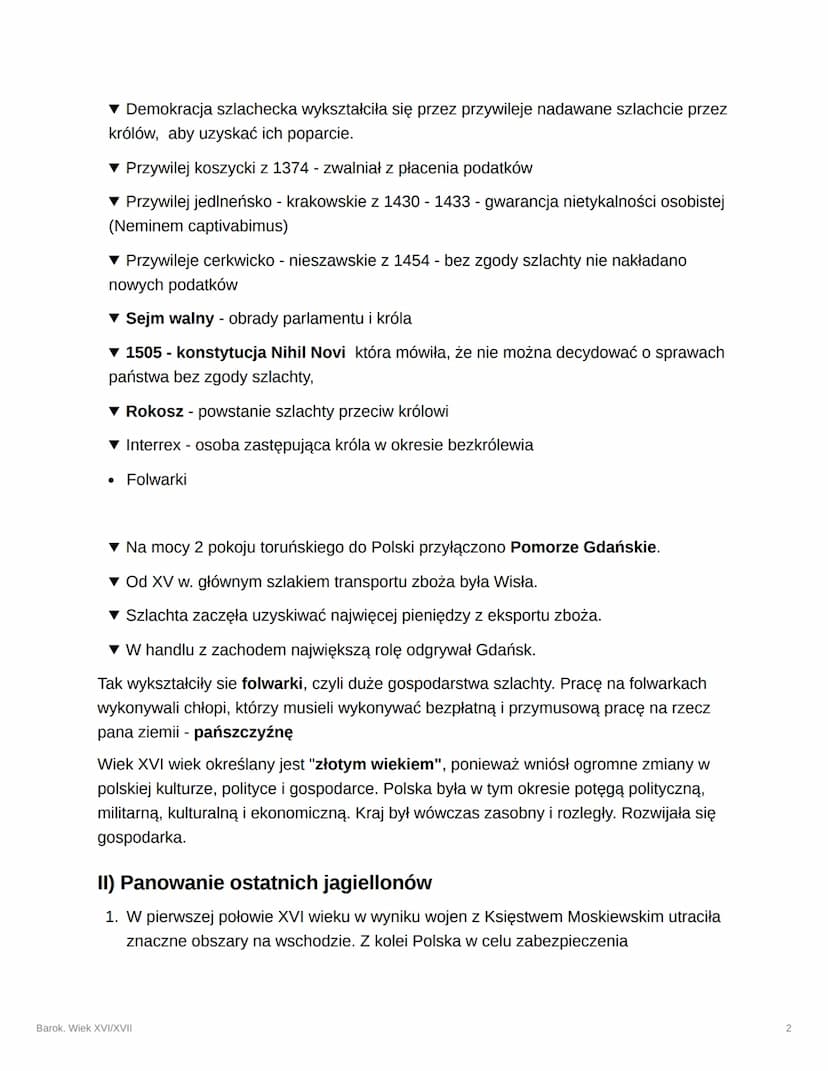 Barok. Wiek XVI/XVII
1) Demokracja szlachecka. Gospodarka folwarczno -
pańszczyźniana.
• Podział społeczeństwa
Szlachta
Duchowieństwo
Mieszc