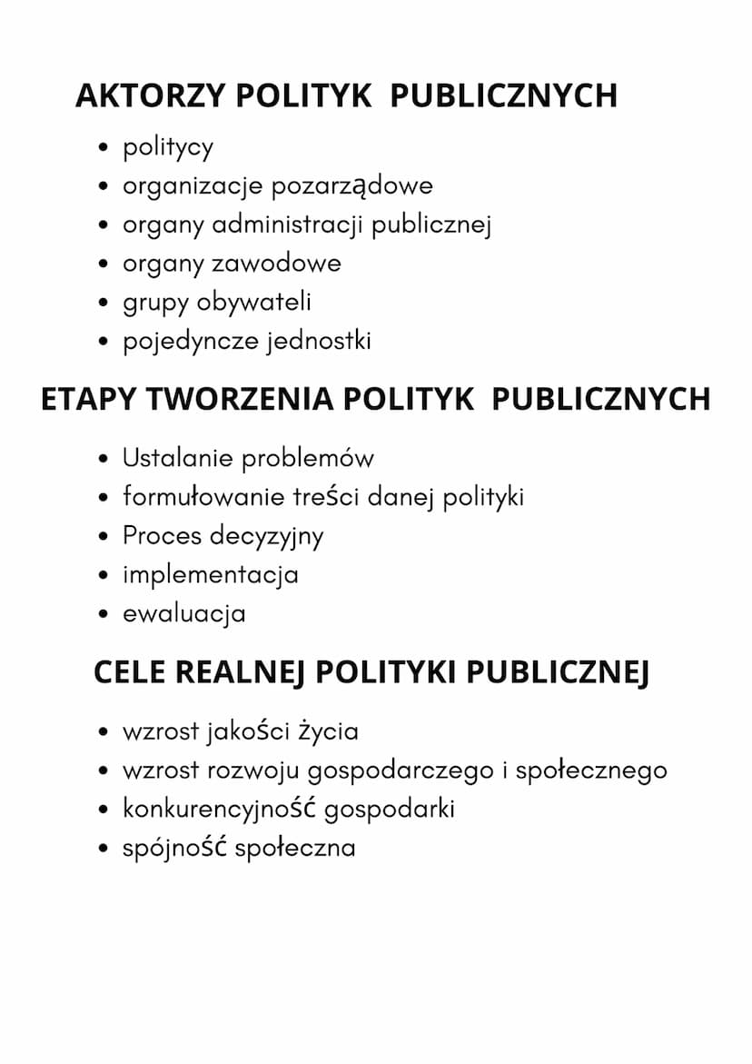 POLITYKI
PUBLICZNE
Polityki publiczne to wszelkie działania
państwa, które pośrednio lub bezpośrednio
dotyczą obywateli. Są podejmowane w ce