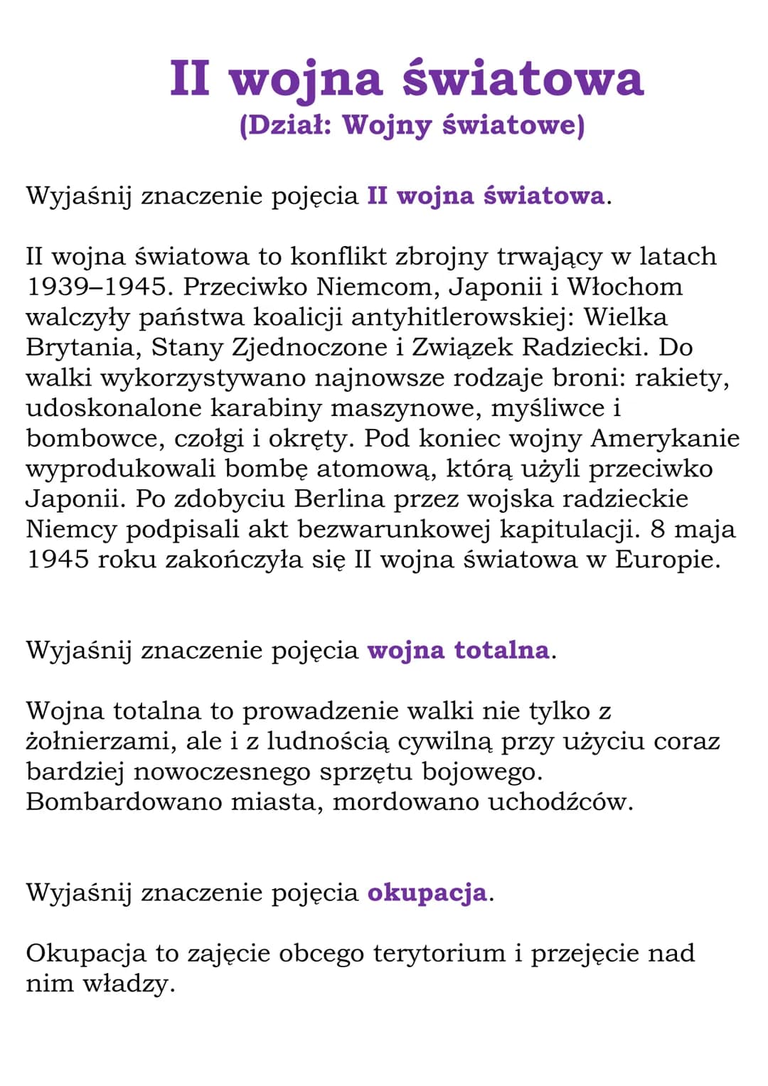 II wojna światowa
(Dział: Wojny światowe)
Wyjaśnij znaczenie pojęcia II wojna światowa.
II wojna światowa to konflikt zbrojny trwający w lat