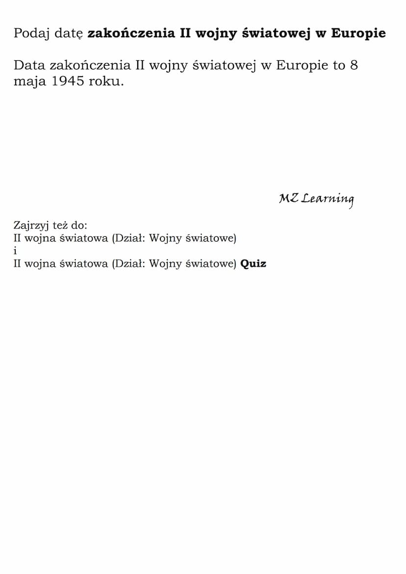 II wojna światowa
(Dział: Wojny światowe)
Wyjaśnij znaczenie pojęcia II wojna światowa.
II wojna światowa to konflikt zbrojny trwający w lat