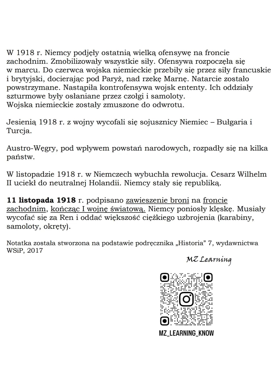 --- OCR Start ---
MZ_LEARNING_KNOW
Zakończenie I wojny
światowej
Klasa 7, WSiP
Państwa ententy zastosowały wobec Niemiec blokadę morską.
Gos