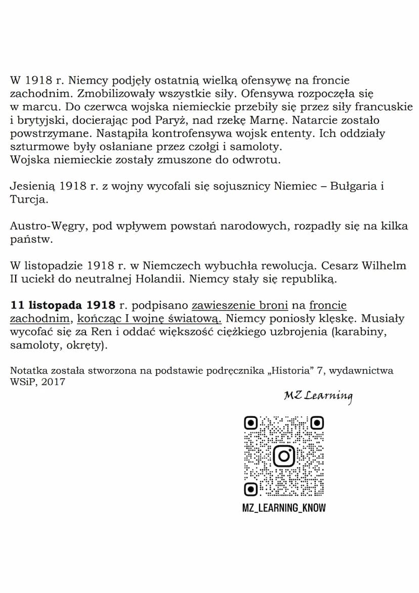 --- OCR Start ---
MZ_LEARNING_KNOW
Zakończenie I wojny
światowej
Klasa 7, WSiP
Państwa ententy zastosowały wobec Niemiec blokadę morską.
Gos