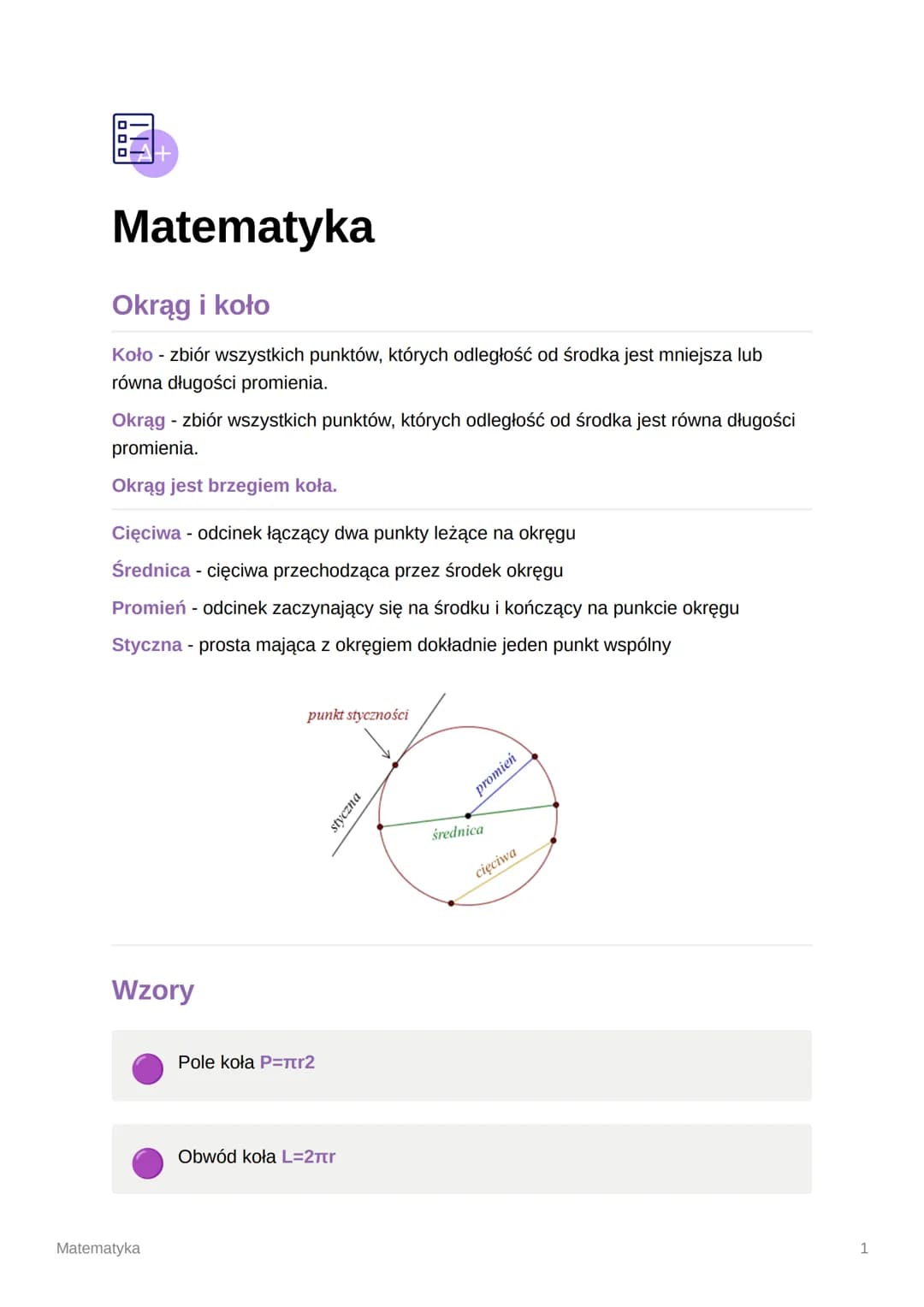 ING
099
Matematyka
Okrąg i koło
Koło - zbiór wszystkich punktów, których odległość od środka jest mniejsza lub
równa długości promienia.
Okr