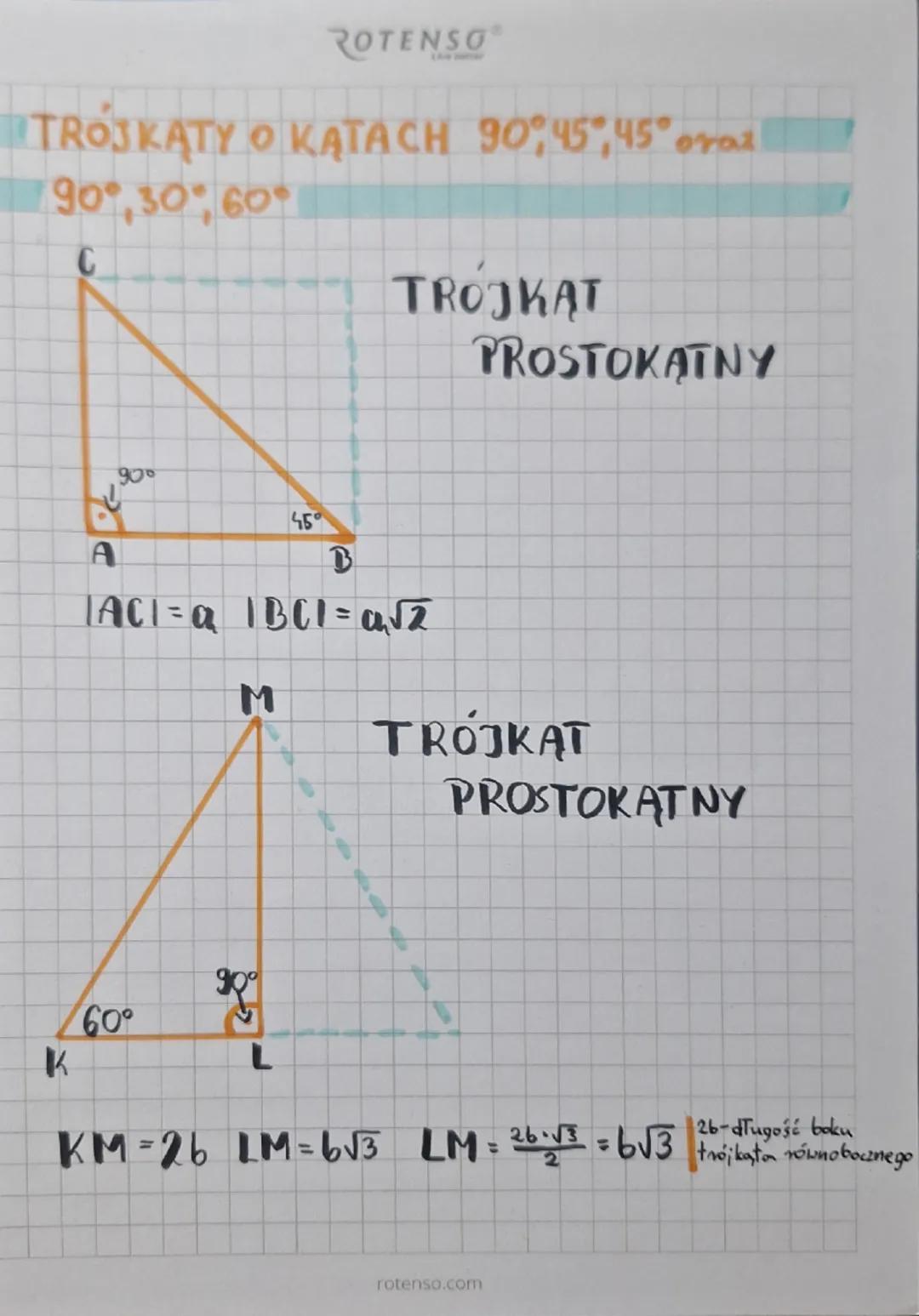 ROTENSO®
TROJKATY O KATACH 90°, 45°, 45° oraz
90°,30°, 60°
C
TROJKAT
PROSTOKATNY
A
900
45°
B
|ACI=a |BCI = a√2
M
TROJKAT
PROSTOKĄTNY
90°
90%