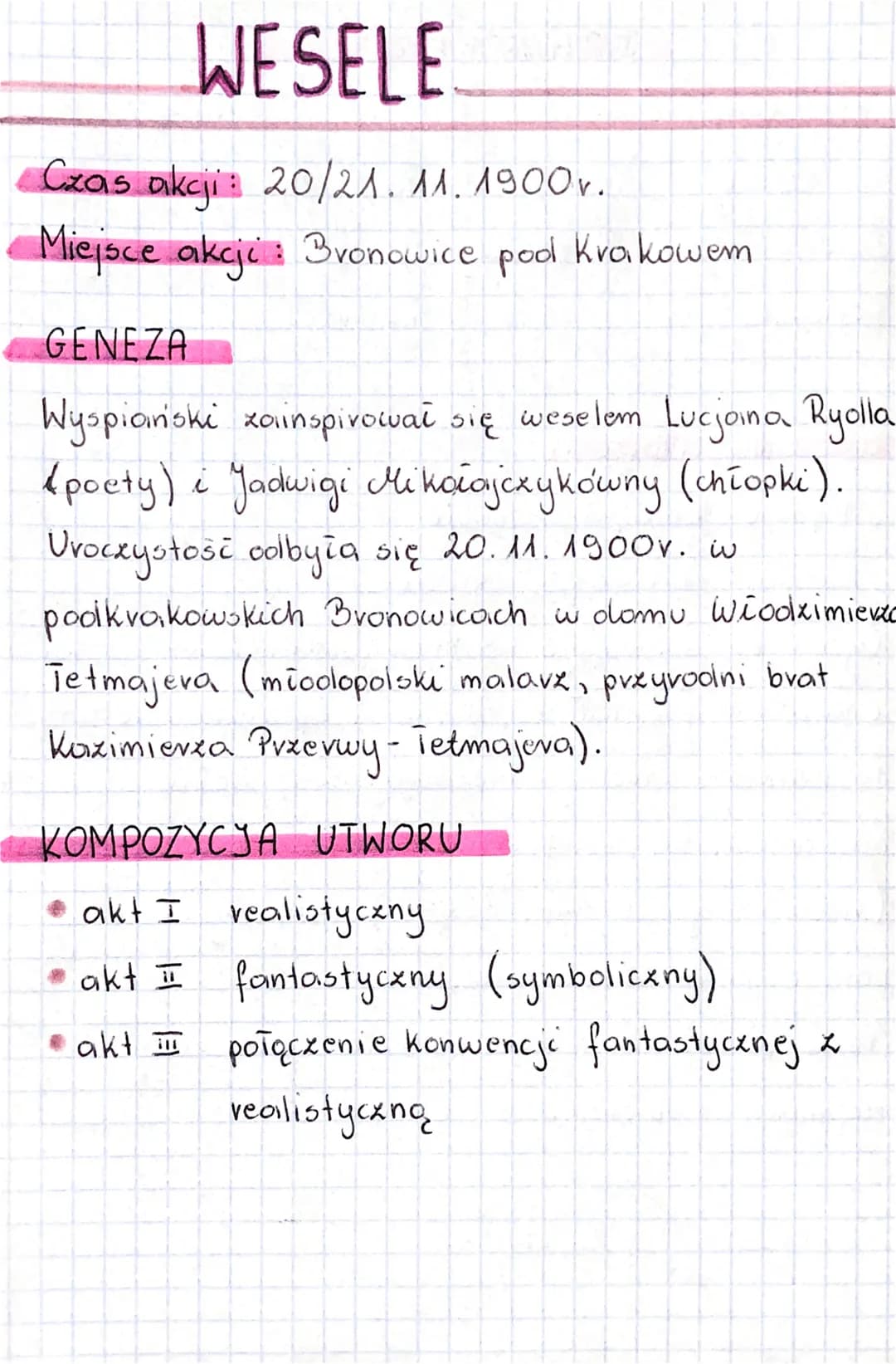 
<h2 id="weselestreszczenie">Wesele streszczenie</h2>
<p>Czas akcji: 20/21.11.1900r.<br />
Miejsce akcji: Bronowice pod Krakowem</p>
<h2 id=