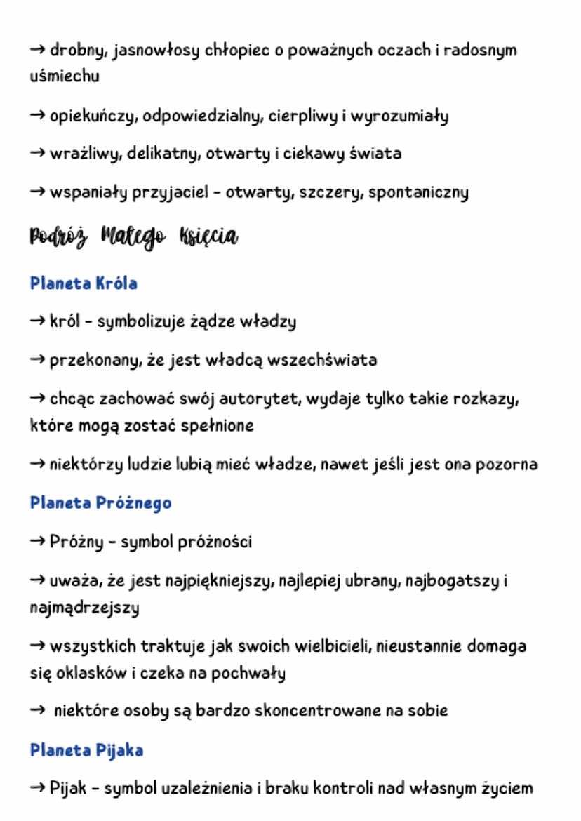 MAŁY KSIĄŻĘ
rodzaj literacki: epika
czas i miejsce: Sahara, osiem dni
watki, tematy i motywy.
→ historia pilota
→ podróż Małego Księcia
→ św
